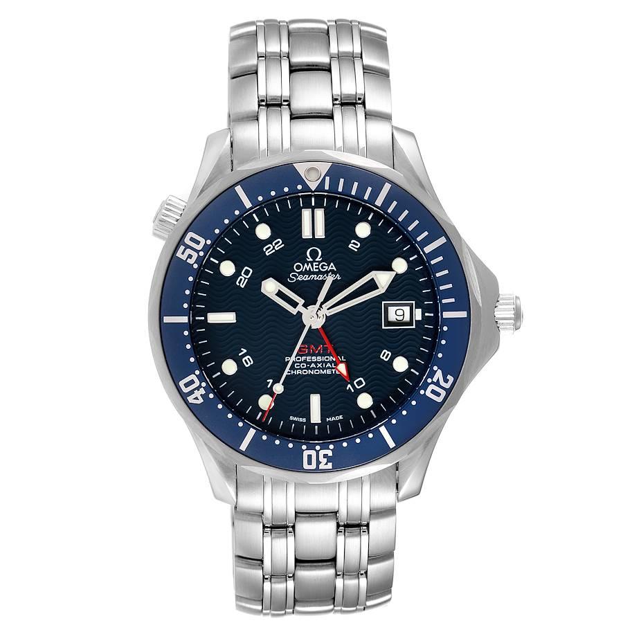 Omega Seamaster Bond 300M GMT Co-Axial Mens Watch 2535.80.00 Box Card. Automatic self-winding movement. Caliber 2628. Stainless steel case 41.0 mm in diameter. Omega logo on a crown. Helium-escape valve at 10 o'clock. Exhibition transparent sapphire