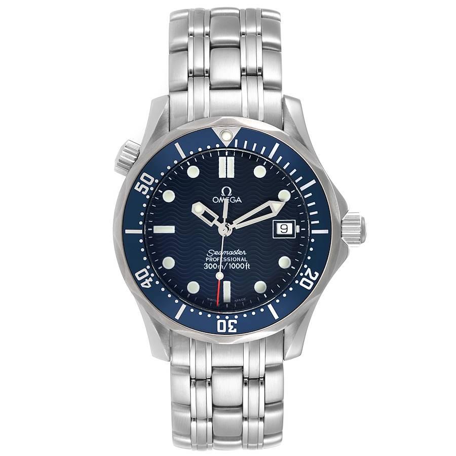 Omega Seamaster Bond 36 Midsize Blue Dial Steel Mens Watch 2561.80.00 Box Card. Quartz movement. Stainless steel case 36.25 mm in diameter. Omega logo on a crown. Unidirectional rotating blue bezel. Scratch resistant sapphire crystal. Blue wave