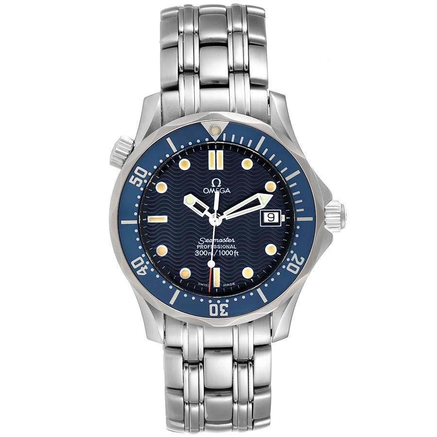 Omega Seamaster Bond 36 Midsize Blue Dial Steel Mens Watch 2561.80.00 Card. Quartz movement. Stainless steel case 36.25 mm in diameter. Omega logo on a crown. Unidirectional rotating blue bezel. Scratch resistant sapphire crystal. Blue wave decor
