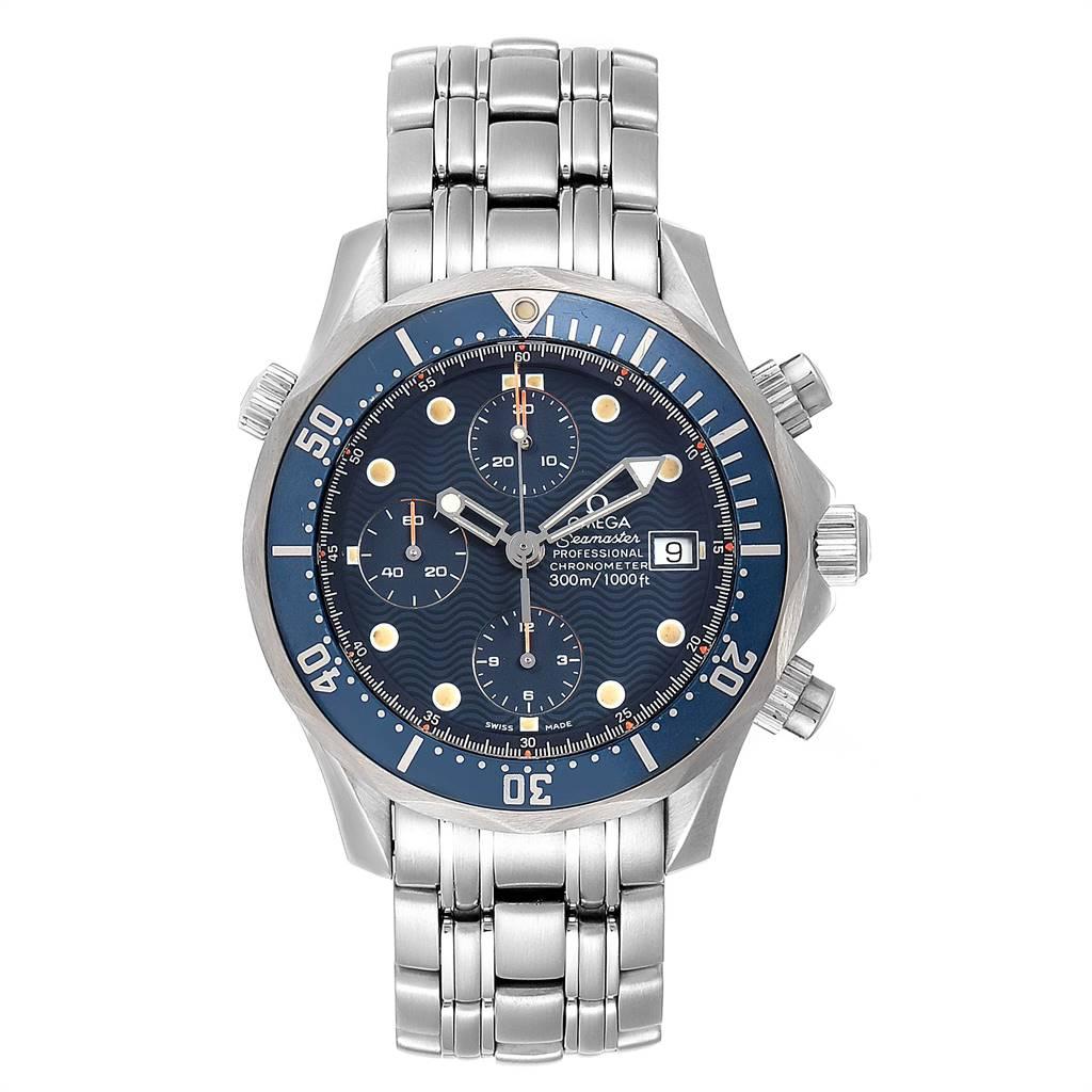Omega Seamaster Bond Blue Dial Chronograph Steel Mens Watch 2599.80.00. Automatic self-winding chronograph movement. Stainless steel round case 41.5 mm in diameter. Blue unidirectional rotating bezel. Scratch resistant sapphire crystal. Blue wave