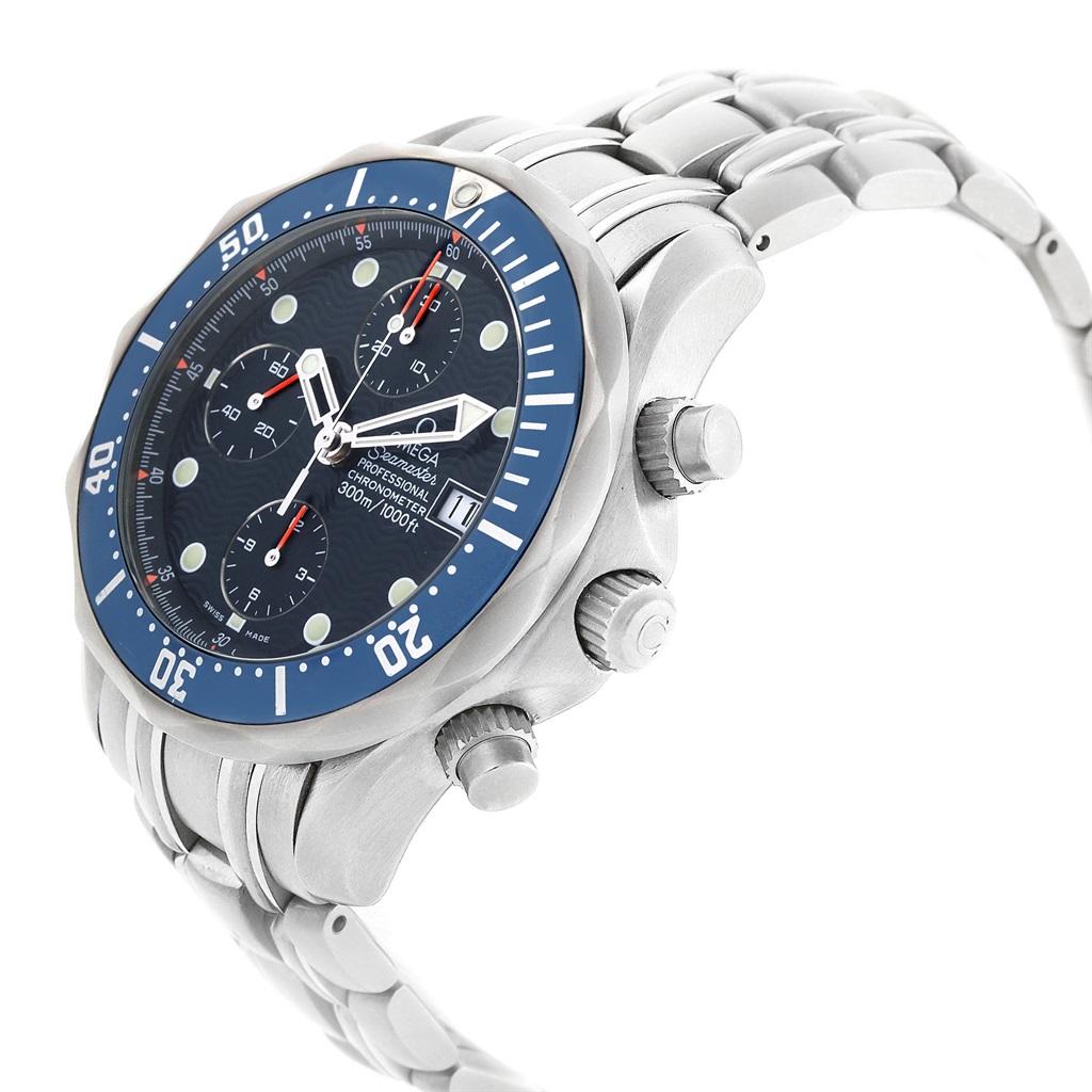 Omega Seamaster Bond Chrono Blue Wave Dial Mens Watch 2599.80.00 Card. Automatic self-winding chronograph movement. Stainless steel round case 41.5 mm in diameter. Blue unidirectional rotating bezel. Scratch resistant sapphire crystal. Blue wave