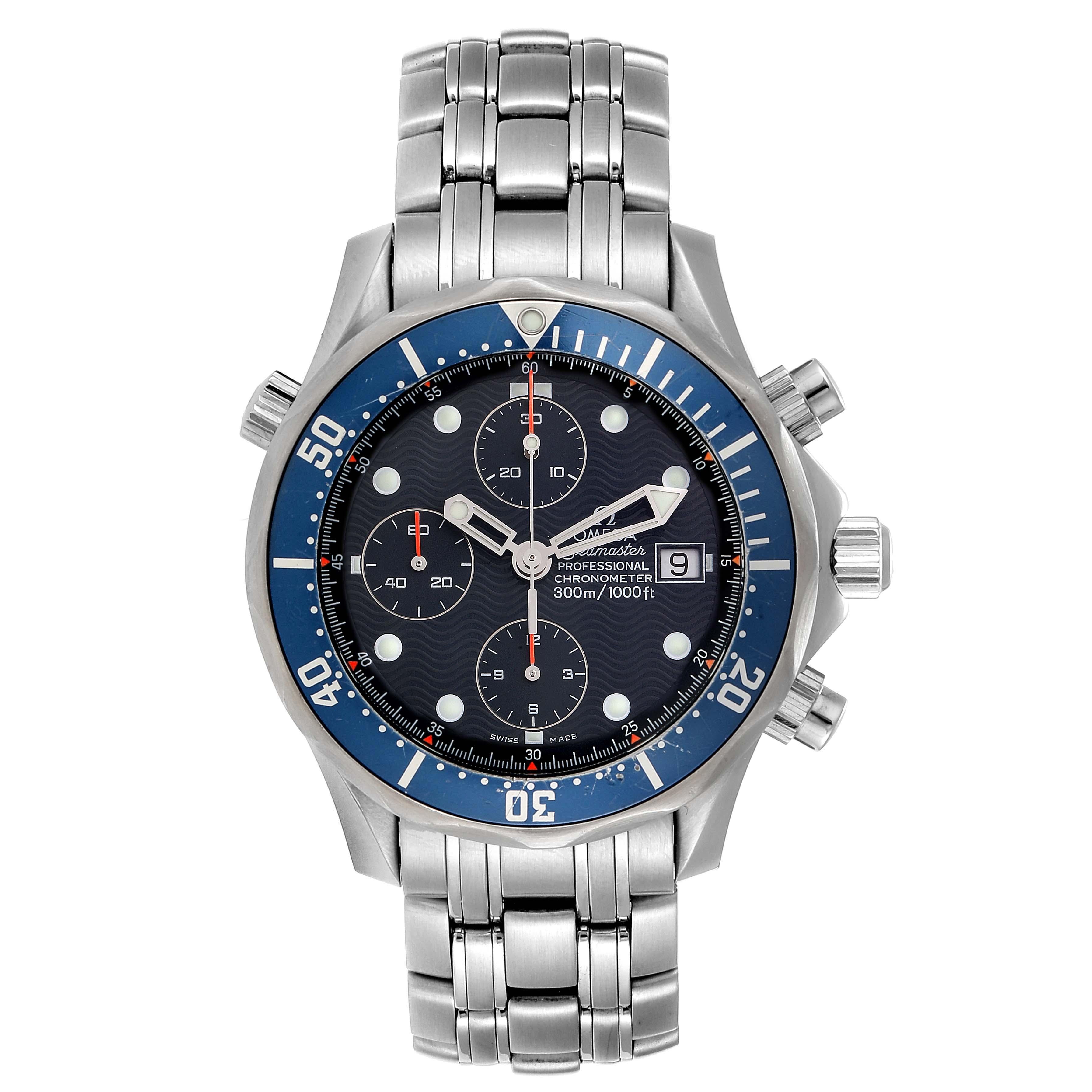 Omega Seamaster Bond Chrono Blue Wave Dial Mens Watch 2599.80.00. Automatic self-winding chronograph movement. Stainless steel round case 41.5 mm in diameter. Blue unidirectional rotating bezel. Scratch resistant sapphire crystal. Blue wave decor