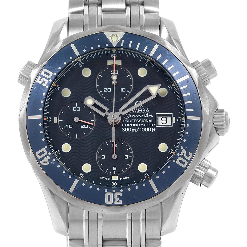 Omega Seamaster Bond Chronograph Steell Mens Watch 2599.80.00. Automatic self-winding chronograph movement. Stainless steel round case 41.5 mm in diameter. Blue unidirectional rotating bezel. Scratch resistant sapphire crystal. Blue wave decor dial