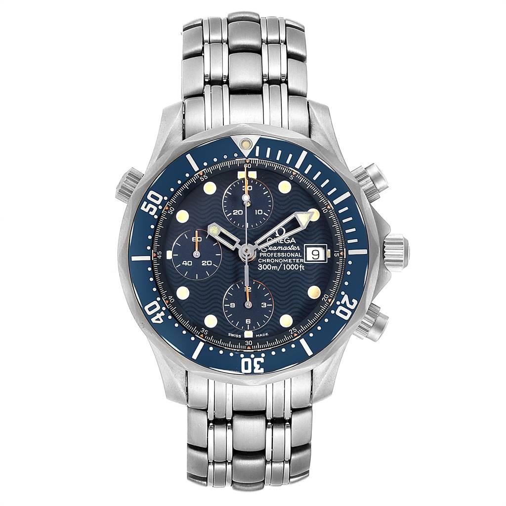Omega Seamaster Chrono Diver Blue Dial Titanium Mens Watch 2298.80.00. Officially certified chronometer automatic self-winding movement. Chronograph function. Titanium case 41.5 mm in diameter. Omega logo on a crown. Blue unidirectional rotating
