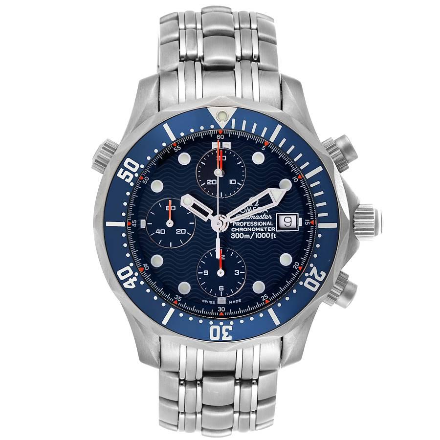 Omega Seamaster Chrono Diver Blue Dial Titanium Mens Watch 2298.80.00. Officially certified chronometer automatic self-winding movement. Chronograph function. Titanium case 41.5 mm in diameter. Omega logo on a crown. Blue unidirectional rotating