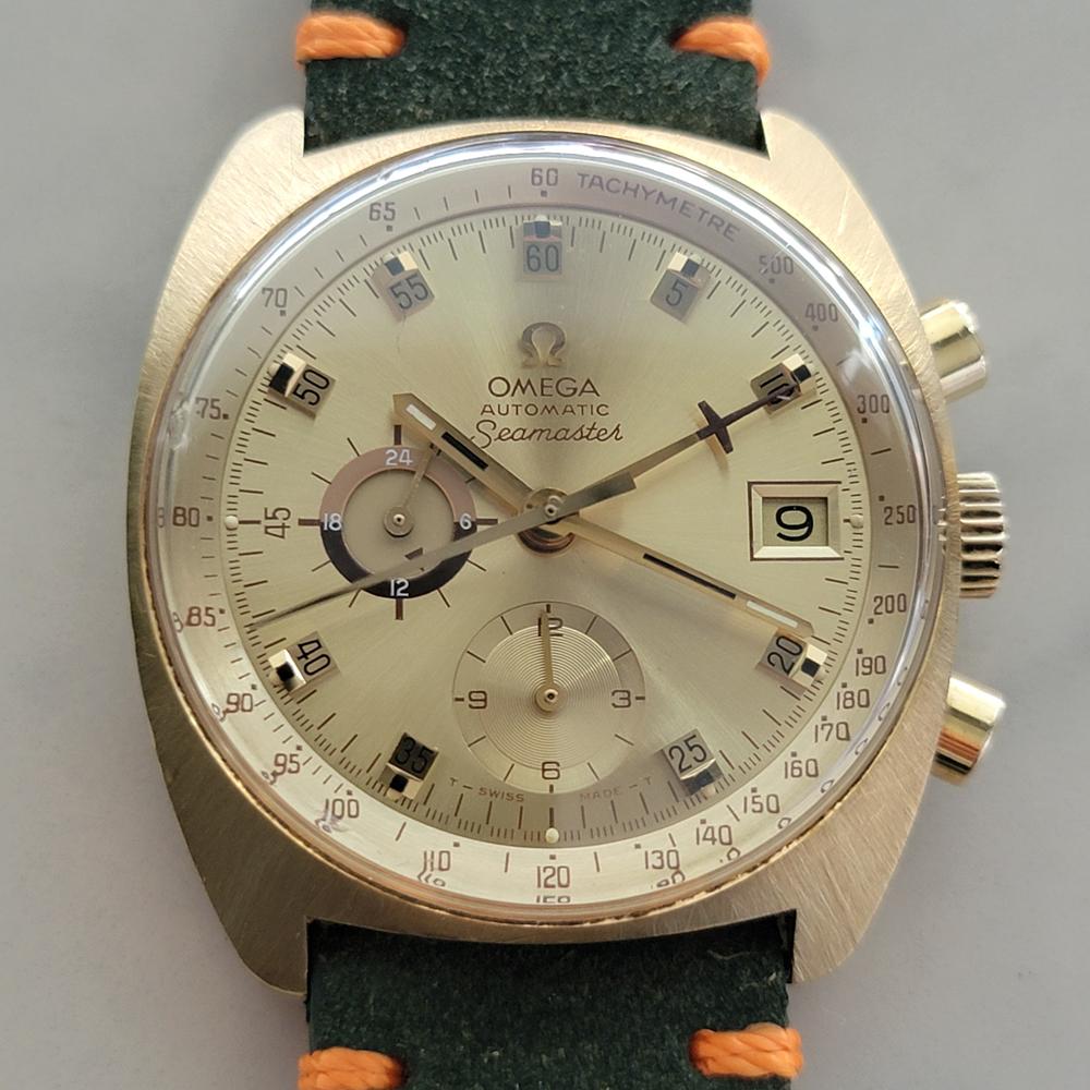  Seltene zeitlose Ikone, Omega Seamaster 176 007 Chronograph mit Goldkappen-Automatik, ca. 1974, in ausgezeichnetem Zustand. Von einem Uhrmachermeister für echt befunden. Wunderschönes, von Omega signiertes Goldzifferblatt, aufgesetzte Blockindexe,