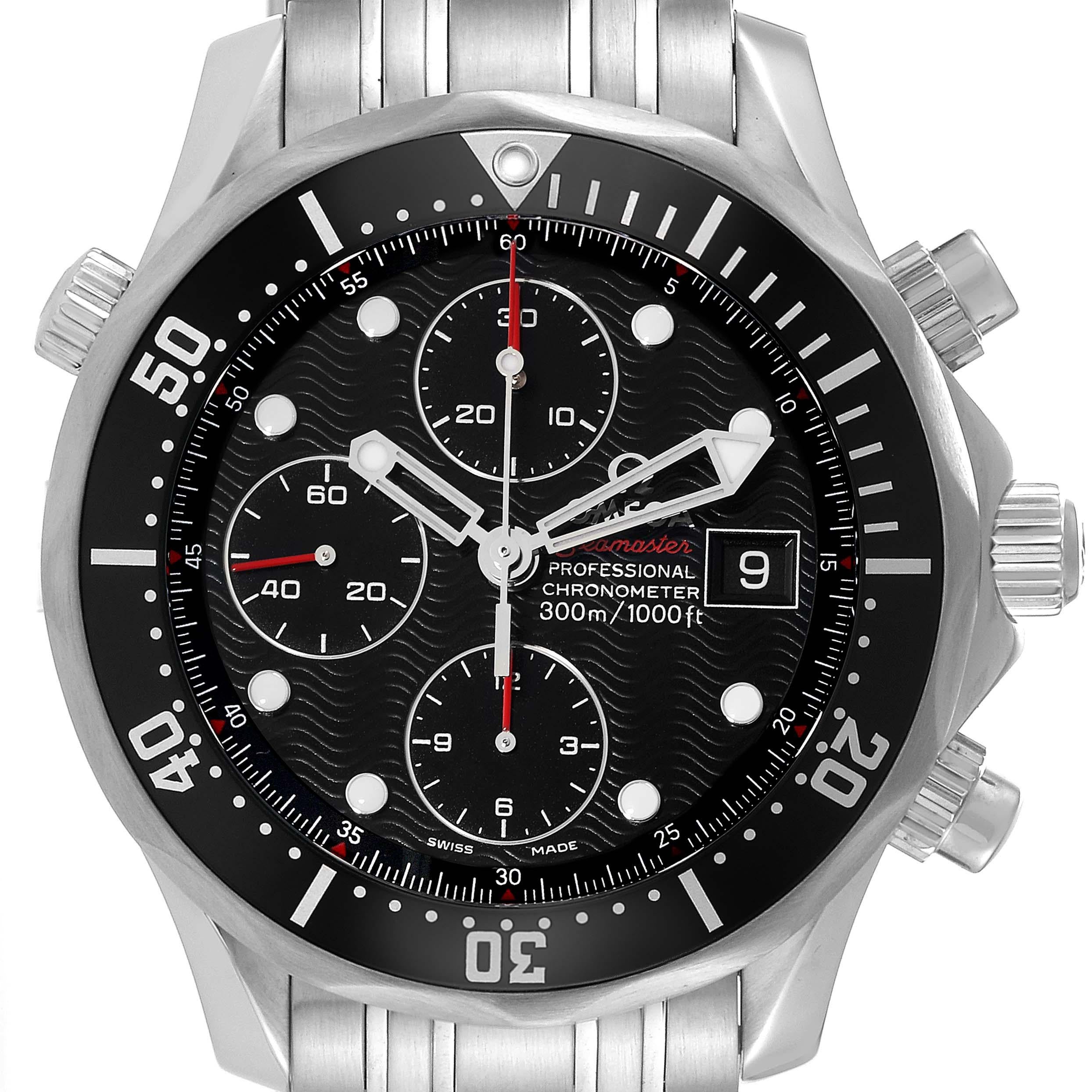 Omega Seamaster Chronograph Black Dial Steel Mens Watch 213.30.42.40.01.001. Automatic self-winding chronograph movement. Stainless steel round case 41.0 mm in diameter. Black unidirectional rotating bezel. Scratch resistant sapphire crystal. Black
