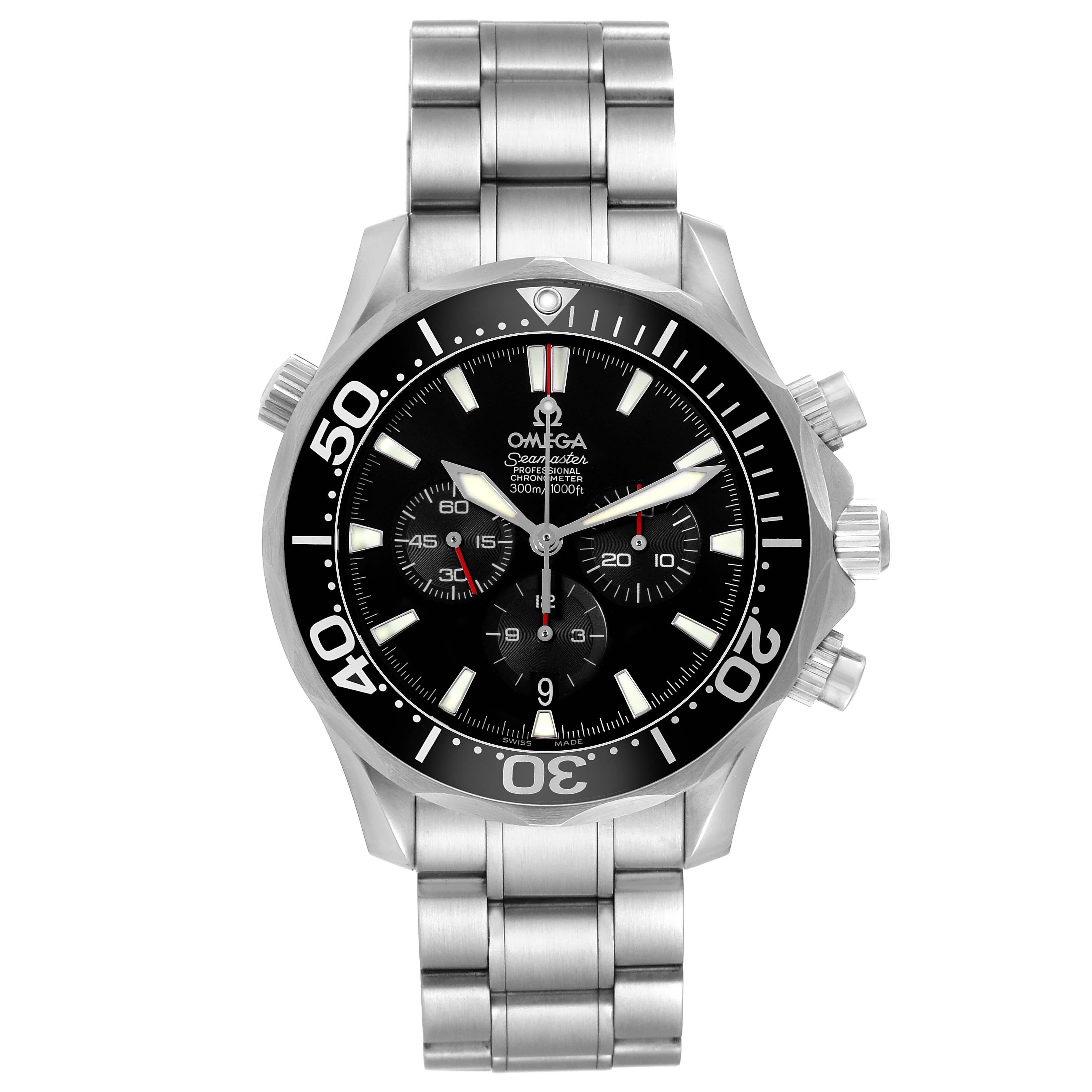 Omega Seamaster Chronograph Black Dial Steel Mens Watch 2594.52.00 Box Card. Automatic self-winding chronograph movement. Stainless steel round case 41.5 mm in diameter. Black unidirectional rotating bezel. Scratch resistant sapphire crystal. Black