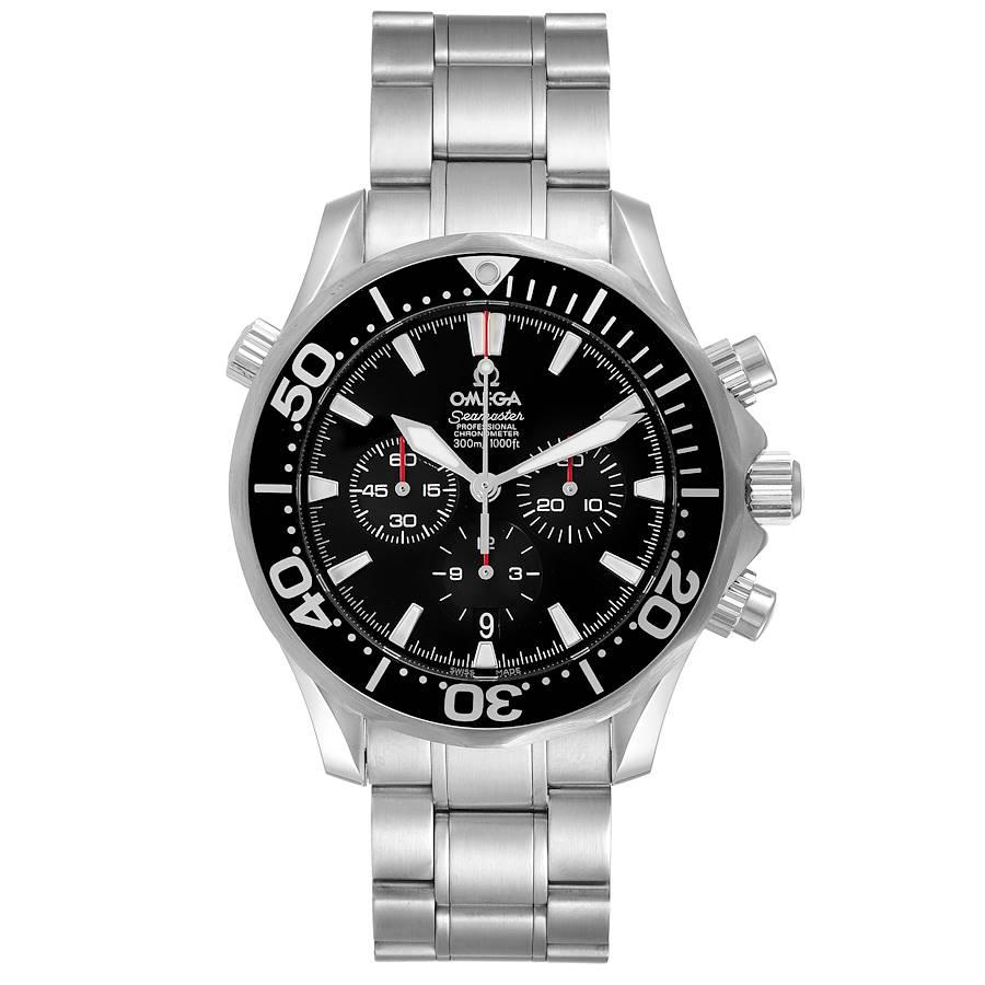 Omega Seamaster Chronograph Black Dial Steel Mens Watch 2594.52.00 Card. Automatic self-winding chronograph movement. Stainless steel round case 41.5 mm in diameter. Black unidirectional rotating bezel. Scratch resistant sapphire crystal. Black dial