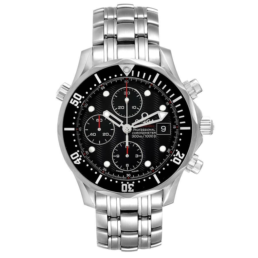 Omega Seamaster Chronograph Black Dial Watch 213.30.42.40.01.001 Box Card. Automatic self-winding chronograph movement. Stainless steel round case 41.0 mm in diameter. Black unidirectional rotating bezel. Scratch resistant sapphire crystal. Black