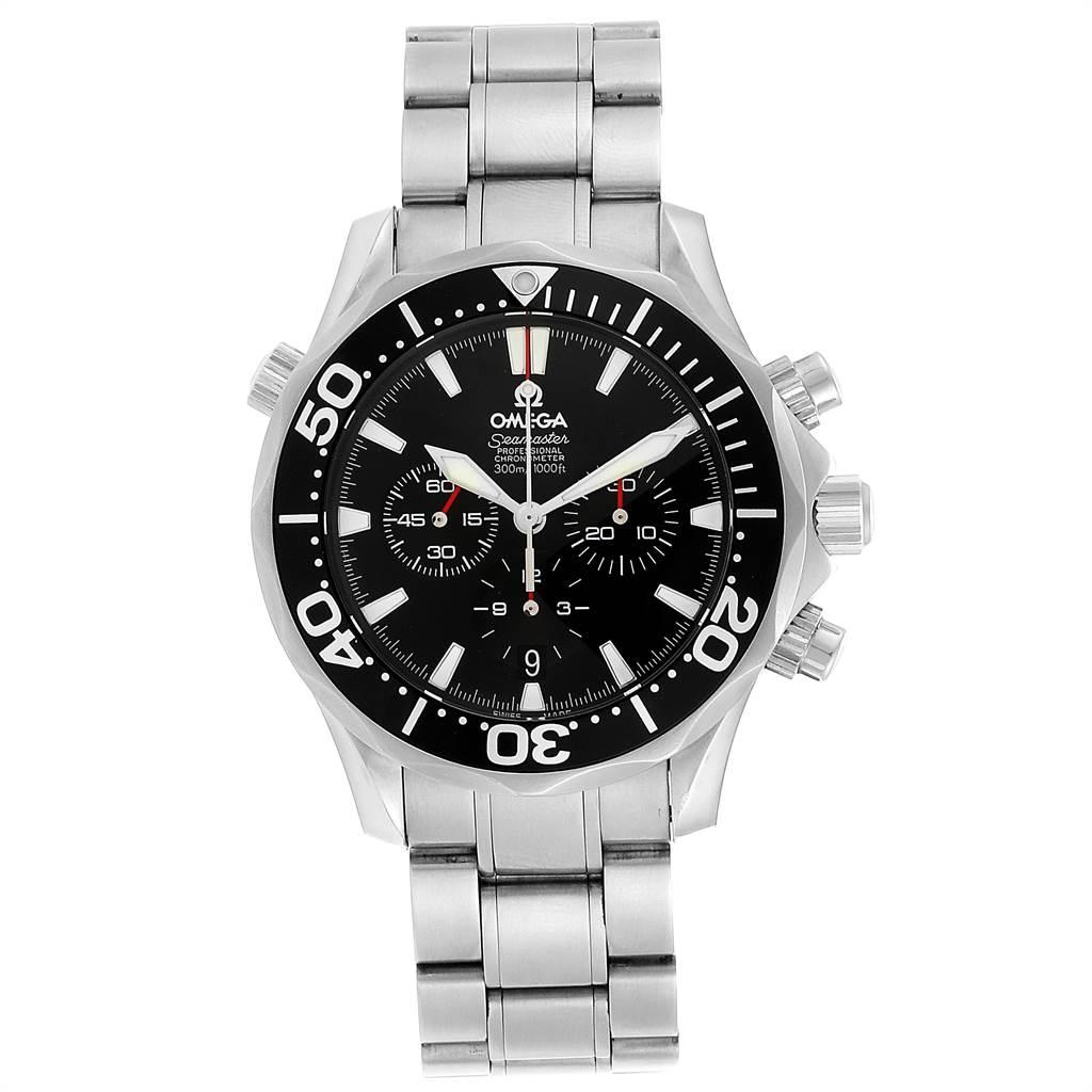 Omega Seamaster Chronograph Black Dial Watch 2594.52.00 Box Card. Automatic self-winding chronograph movement. Stainless steel round case 41.5 mm in diameter.. Black unidirectional rotating bezel. Scratch resistant sapphire crystal. Black dial with