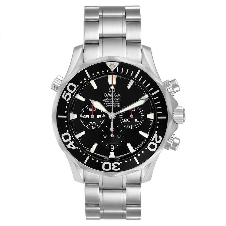 Omega Seamaster Chronograph Black Dial Watch 2594.52.00 Card. Automatic self-winding chronograph movement. Stainless steel round case 41.5 mm in diameter. Black unidirectional rotating bezel. Scratch resistant sapphire crystal. Black dial with