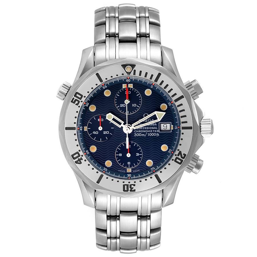 Omega Seamaster Chronograph Blue Dial Steel Mens Watch 2598.80.00 Box Card. Officially certified chronometer automatic self-winding movement. Chronograph function. Brushed and polished stainless steel case 41.5 mm in diameter. Omega logo on a crown.
