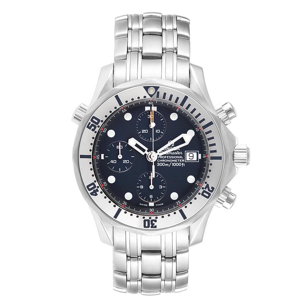 Omega Seamaster Chronograph Blue Dial Steel Mens Watch 2598.80.00 Card. Officially certified chronometer automatic self-winding movement. Chronograph function. Brushed and polished stainless steel case 41.5 mm in diameter. Omega logo on a crown.