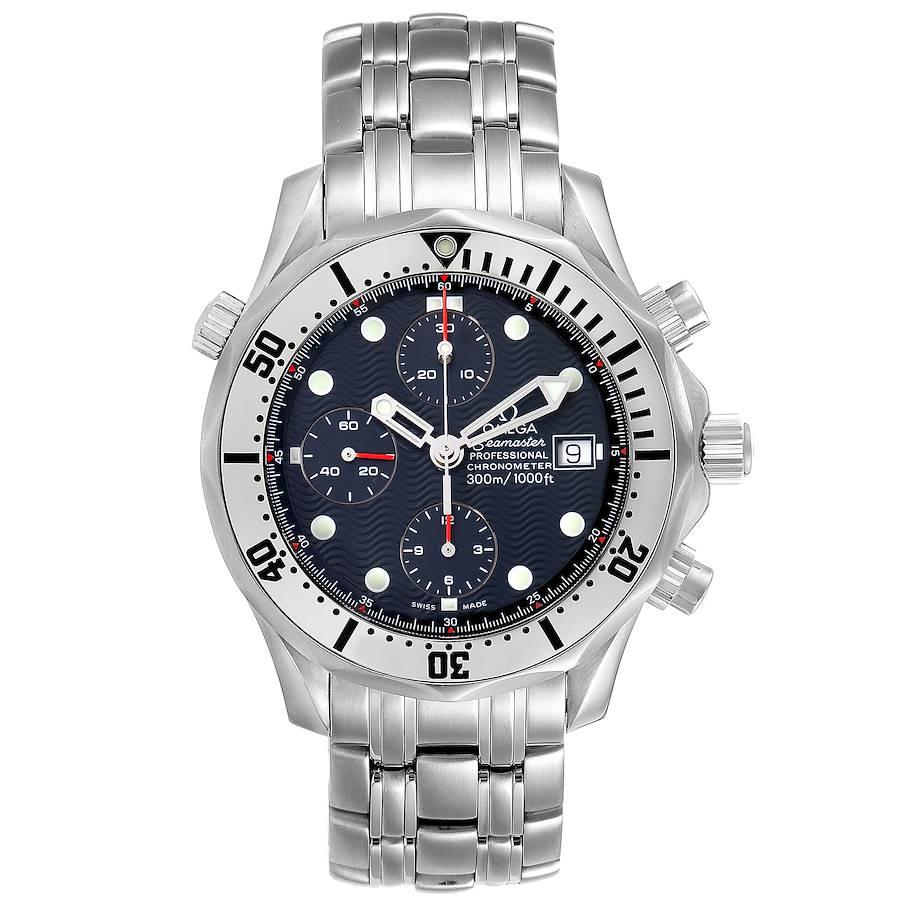Omega Seamaster Chronograph Blue Dial Steel Mens Watch 2598.80.00 Card. Officially certified chronometer automatic self-winding movement. Chronograph function. Brushed and polished stainless steel case 41.5 mm in diameter. Omega logo on a crown.