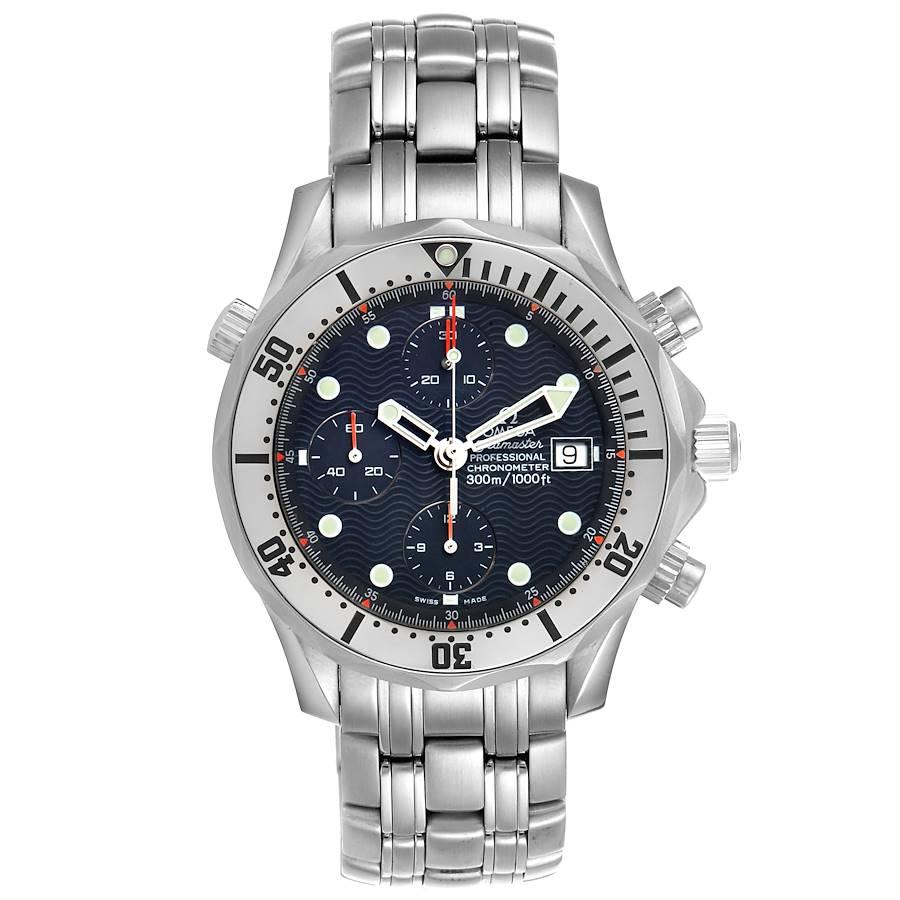Omega Seamaster Chronograph Blue Dial Steel Mens Watch 2598.80.00 Card. Officially certified chronometer automatic self-winding movement. Chronograph function. Brushed and polished stainless steel case 41.5 mm in diameter. Omega logo on a crown.