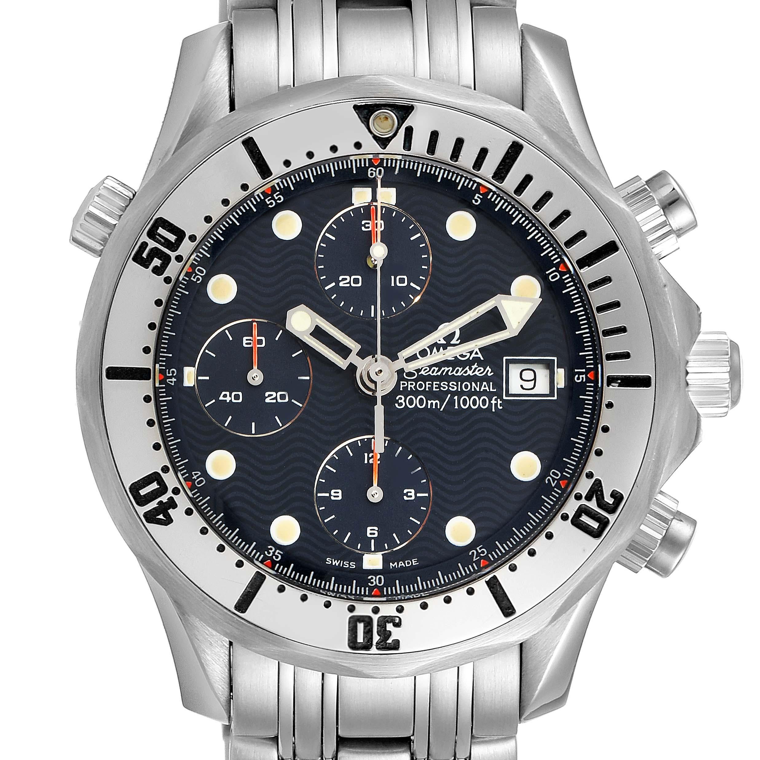 Omega Seamaster Chronograph Blue Dial Steel Mens Watch 2598.80.00. Officially certified chronometer automatic self-winding movement. Chronograph function. Brushed and polished stainless steel case 41.5 mm in diameter. Omega logo on a crown.