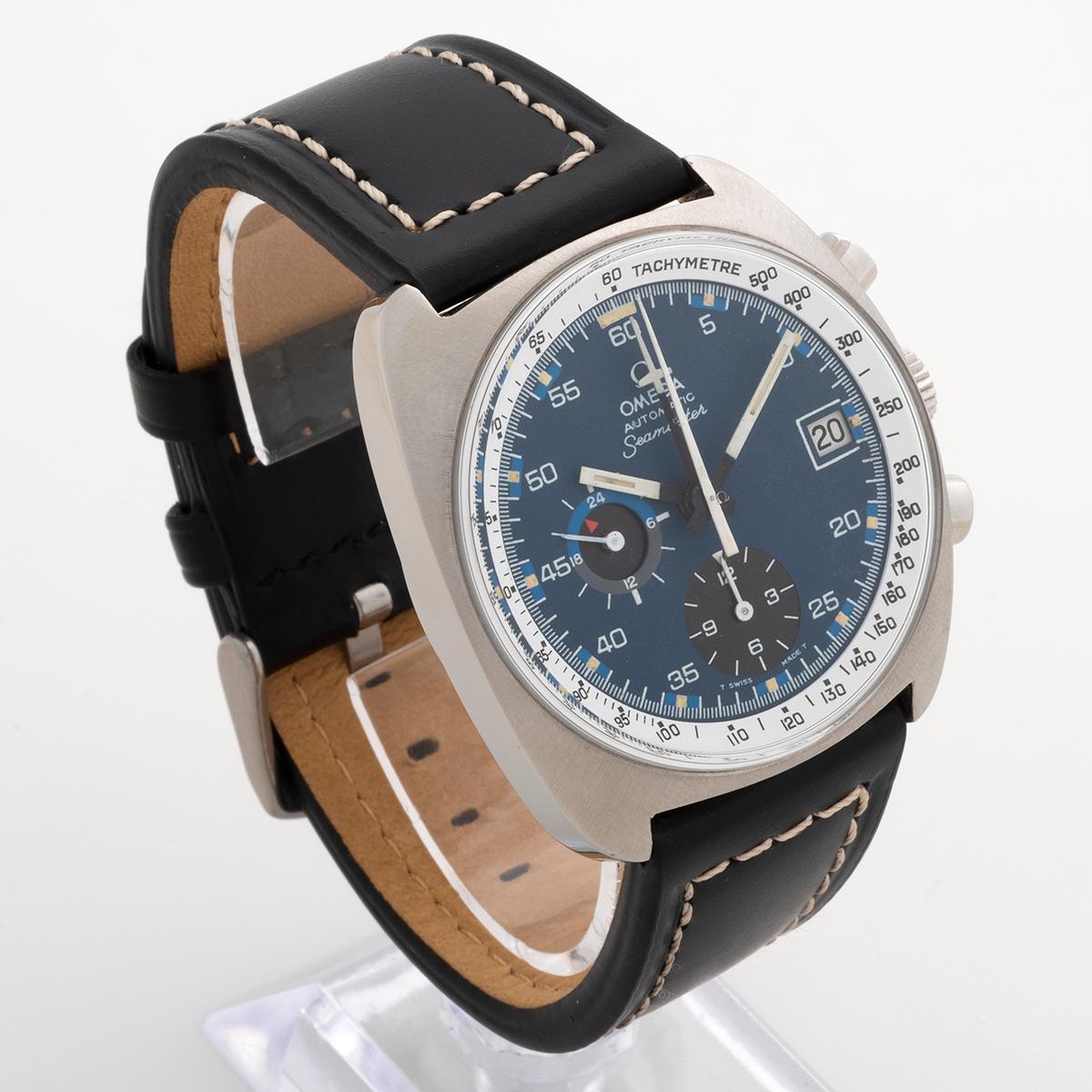 Unsere alte und seltene Omega Seamaster Chronograph Referenz 176.007 ist in ausgezeichnetem Zustand. Mit ihrem markanten blauen Zifferblatt mit Datums- und Chronographenfunktionen datieren wir unsere Seamaster auf ca. 1973 und tragen die