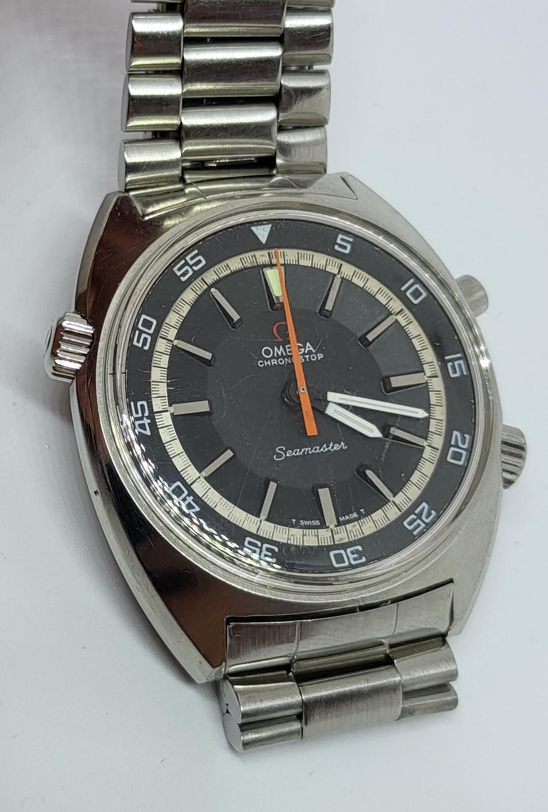 Omega Seamaster Chronostop 145.008 cal.865 Wrist Watch

GOOD CONDITION

MOVEMENT: automatic with manual winding, caliber 865

FUNCTIONS: hours, minutes, chronograph

CASE: stainless steel, diameter 41 mm x 47 mm, height 13 mm, mineral glass, screw