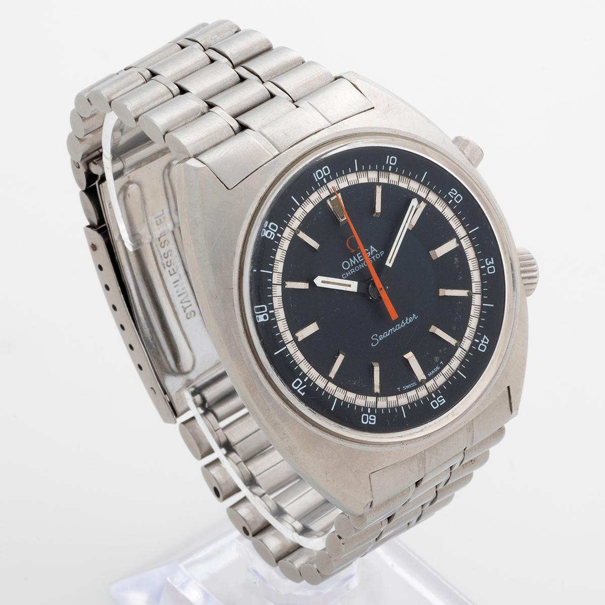 A rare reference, our Omega Seamaster Chronostop reference 145.007 was designed for motorsport, with a continually counting seconds function (when activated) and fitted in a 41mm case. This particular example features an original dial and hands, an