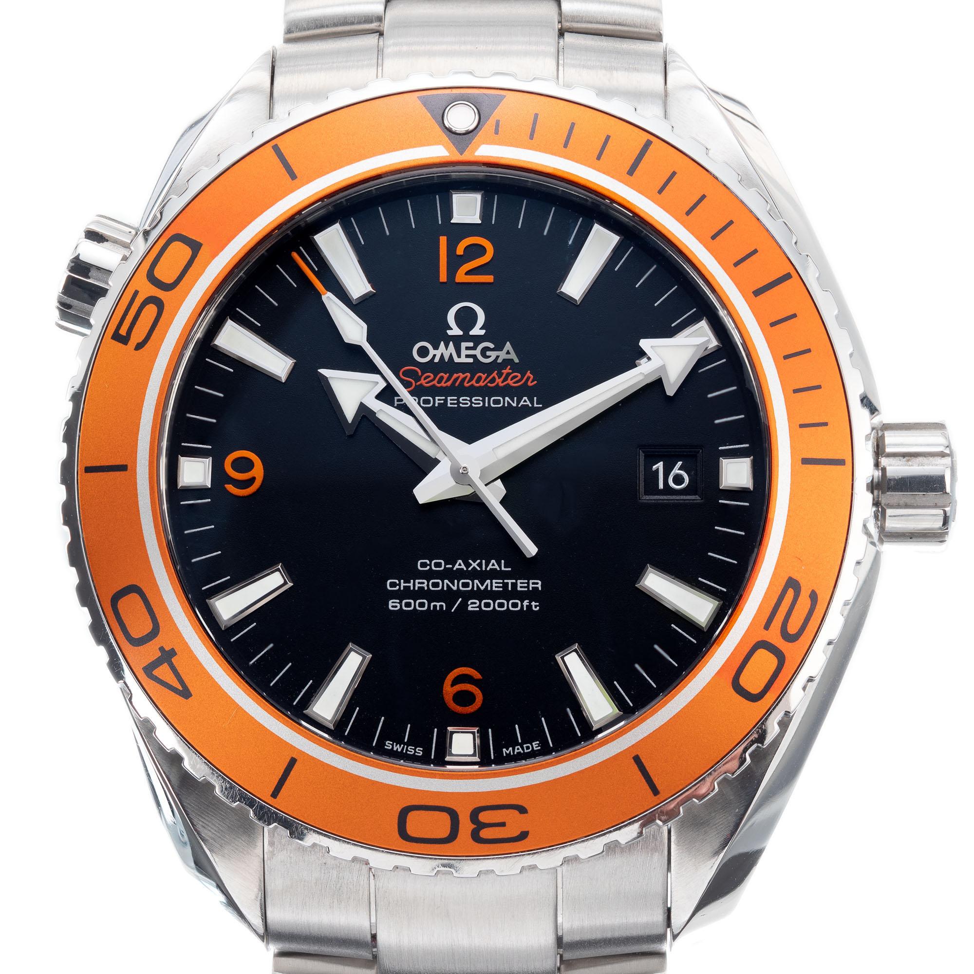 Men's large size 45mm Omega Seamaster co-axial professional steel automatic date divers wristwatch. Length 8.5 Inch band. Orange bezel and markers.

Length: 51.53mm
Width: 45.90mm
Band width at case: 22mm
Case thickness: 16.75mm
Band: Stainless
