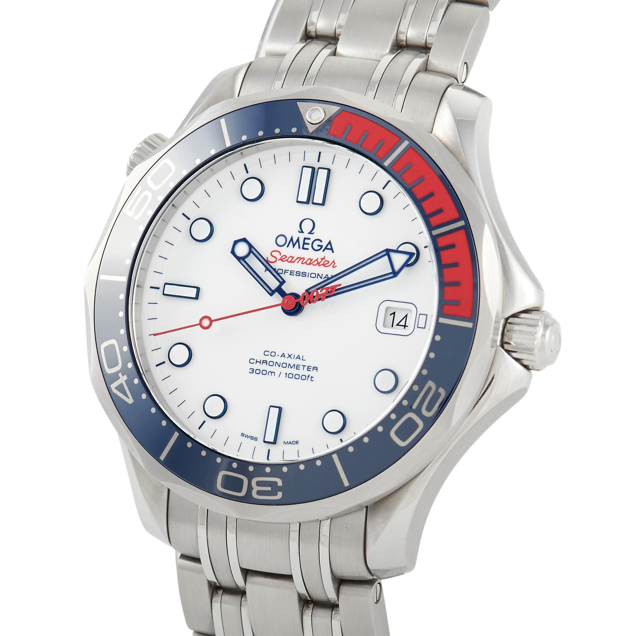Own one of the 7,007 limited pieces of this Commander's Watch. The OMEGA James Bond 007 Chronometer Watch 212.32.41.20.04.001 features a brushed steel bezel with navy blue ceramic fill (15-minute scale in red), a brushed steel case with 