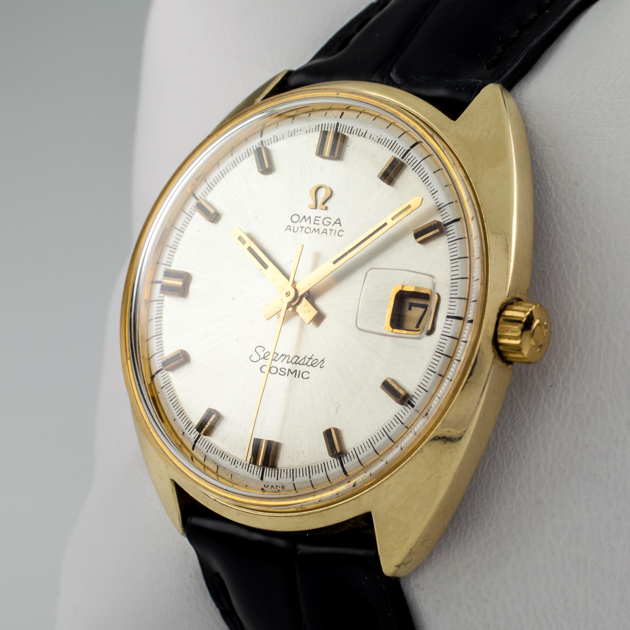 Omega Ω Seamaster Cosmic Men's Automatic Gold-Plated Watch w/ Date Cal. 565
Model: Seamaster Cosmic
Case #166.026
Movement #565
Movement Serial #31915974
Year: Approximately 1970
Gold-Plated Round/Tonneau Case
35 mm in Diameter (37 mm w/