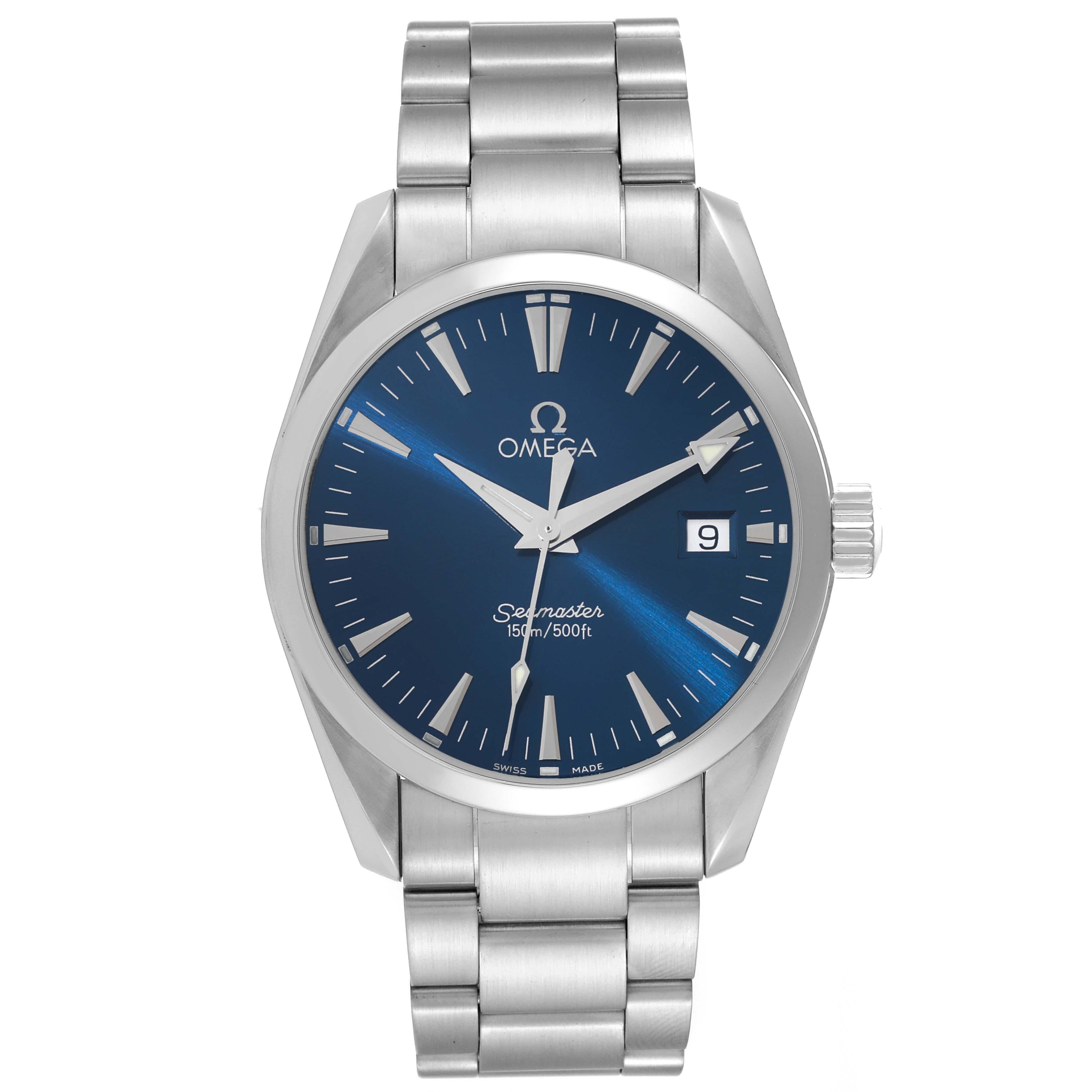 Omega Seamaster Date Aqua Terra Blue Dial Steel Mens Watch 2518.80.00. Quartz movement. Stainless steel round case 36.2 mm in diameter. Stainless steel smooth bezel. Scratch resistant sapphire crystal. Blue dial with raised index hour markers. Date