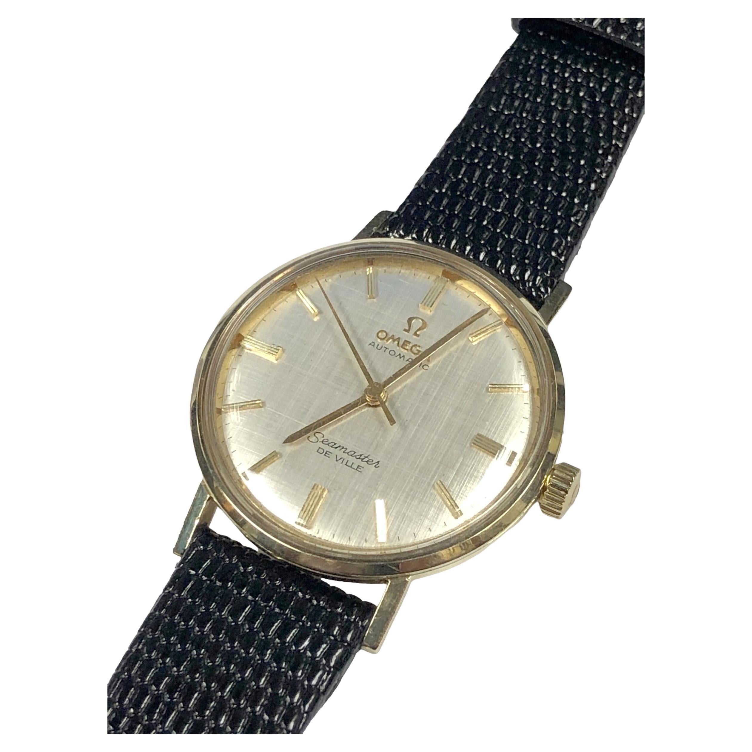 Omega Seamaster De Ville Vintage Yellow Gold Automatic Linen dial Wrist Watch For Sale