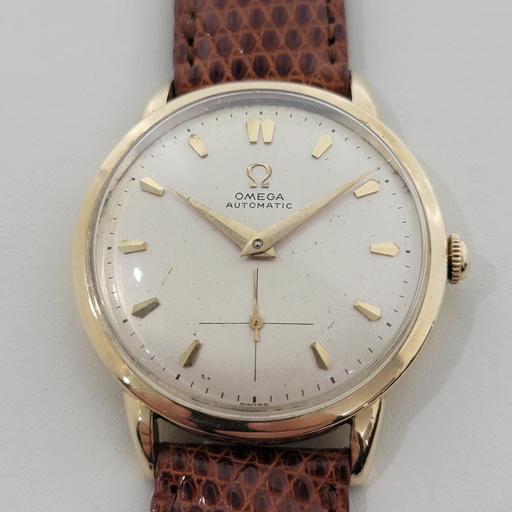 Vintage By, 14k Gold-gefüllt Herren Omega cal.344 Stoßstange automatisch, c.1952, in ausgezeichnetem Zustand. Von einem Uhrmachermeister für echt befunden. Wunderschönes, signiertes Omega-Zifferblatt, aufgesetzte Dolchindexe, vergoldete Minuten- und
