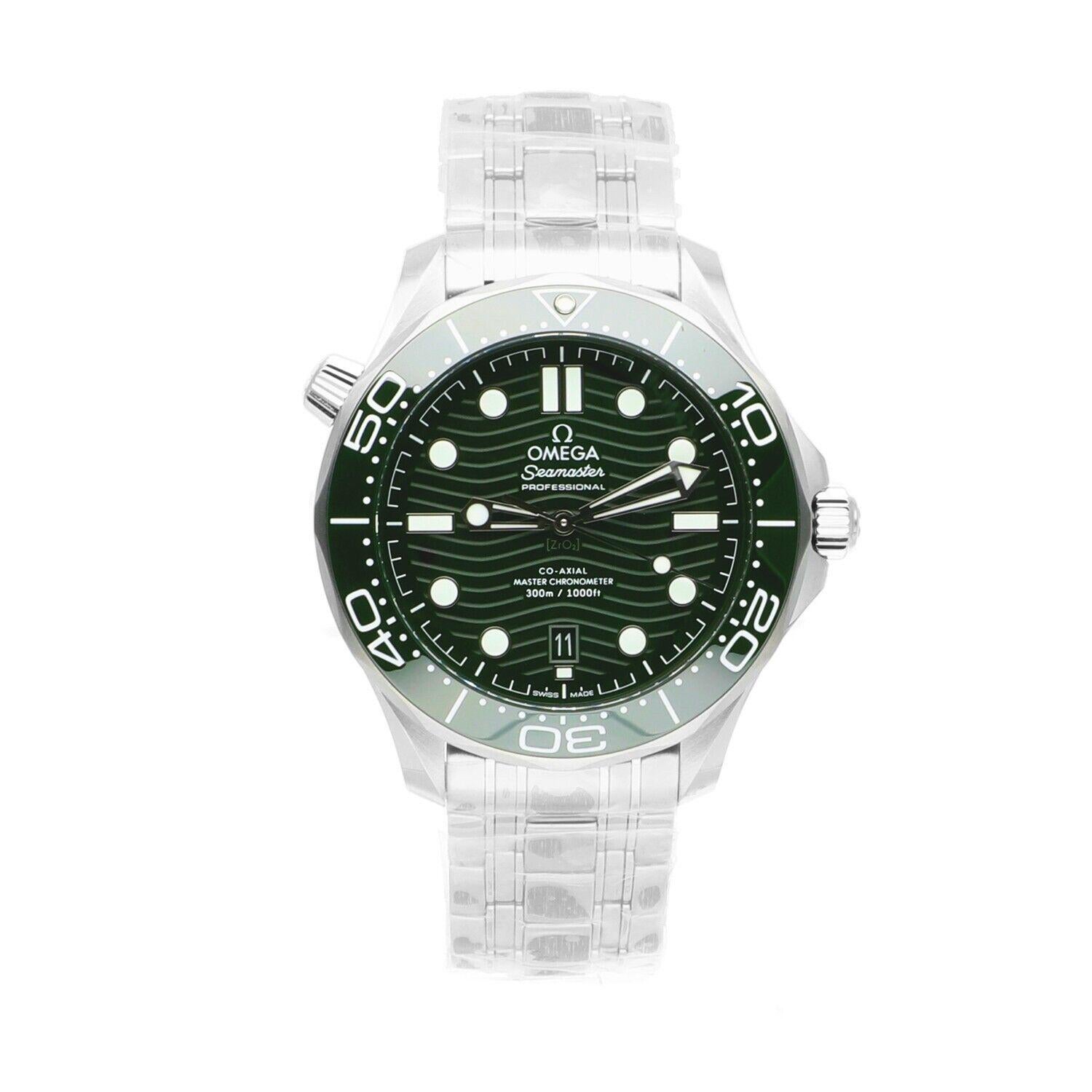 This 42 mm model is crafted from stainless steel and includes a green ceramic bezel with a white enamel diving scale. The dial is also polished green ceramic and features laser-engraved waves and a date window at 6 o’clock.
The skeleton hands and