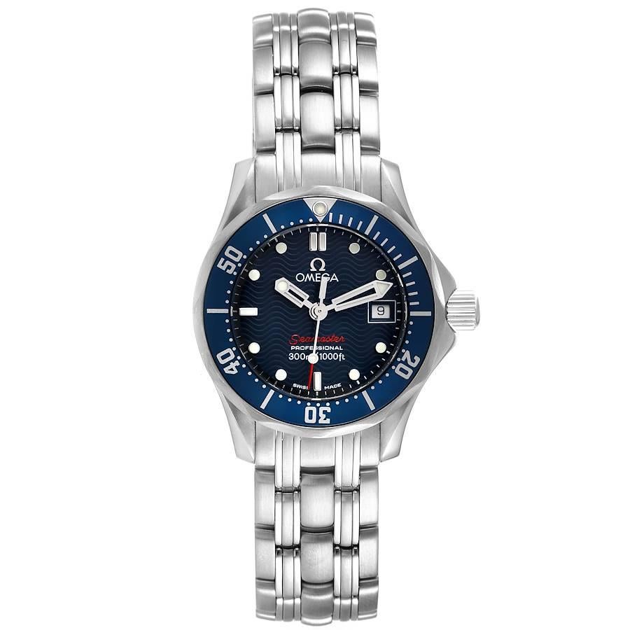 Omega Seamaster Diver 300M 28mm Steel Ladies Watch 2224.80.00 Card. Quartz movement. Stainless steel round case 28.0 mm in diameter. Blue unidirectional rotating bezel. Scratch resistant sapphire crystal. Blue wave decor dial with luminous hour