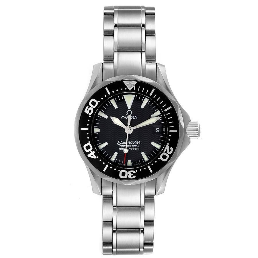 Omega Seamaster Diver 300M 28mm Steel Ladies Watch 2284.50.00 Box Card. Quartz movement. Stainless steel round case 28.0 mm in diameter. Black unidirectional rotating bezel. Scratch resistant sapphire crystal. Black wave decor dial with luminous