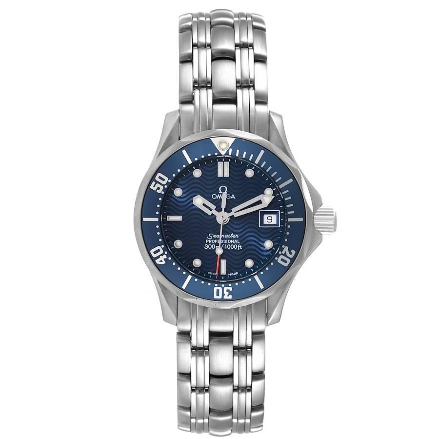 Omega Seamaster Diver 300M 28mm Steel Ladies Watch 2583.80.00 Box Card. Quartz movement. Stainless steel round case 28.0 mm in diameter. Blue unidirectional rotating bezel. Scratch resistant sapphire crystal. Blue wave decor dial with luminous hour