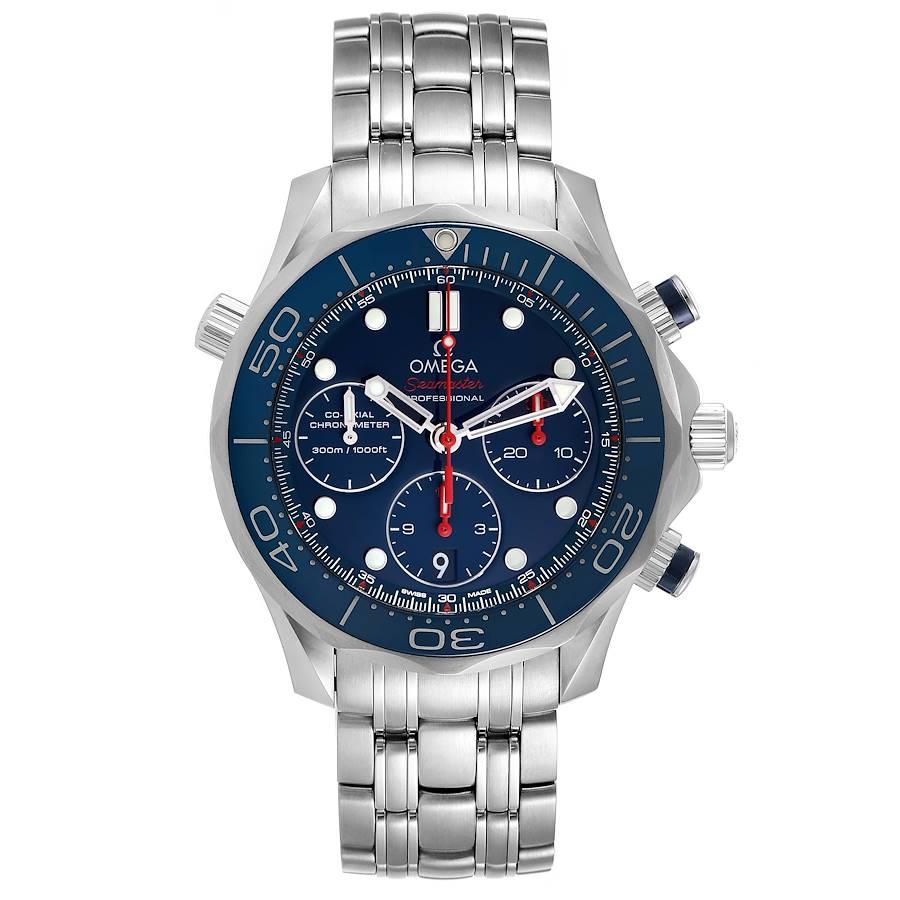 Omega Seamaster Diver 300M 44mm Blue Dial Watch 212.30.42.50.03.001 Box Card. Automatic self-winding chronograph movement with column wheel mechanism and Co-Axial escapement. Free sprung-balance equipped with Si14 silicon balance spring. Officially