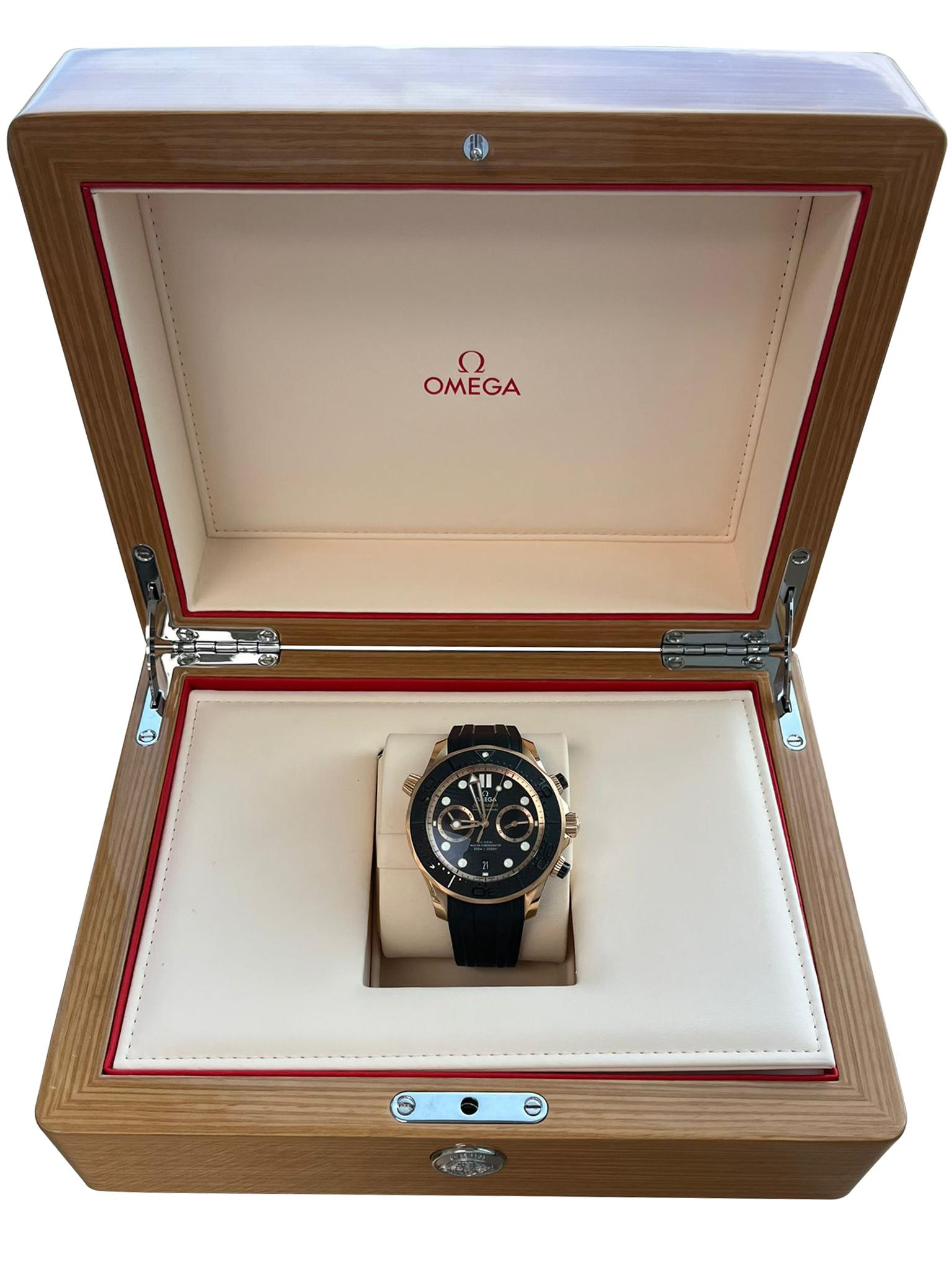 The Omega Seamaster Diver 300M Chronograph Rose Gold & Ceramic Black Dial 44mm Ref. 210.62.44.51.01.001 is a bold and functional luxury dive watch designed for precision and performance. This 44mm model is crafted from 18K Sedna gold and features a