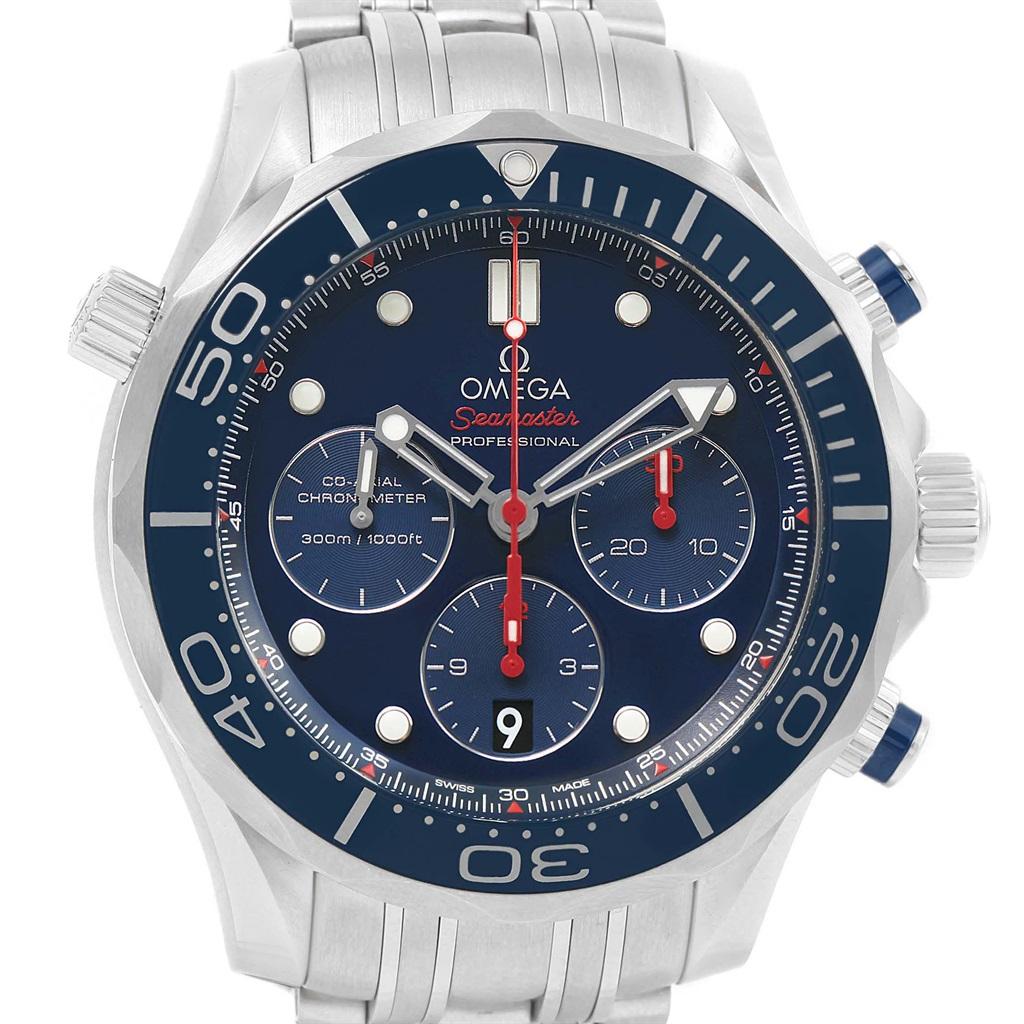 Omega Seamaster Diver 300M 44mm Watch 212.30.44.50.03.001 Box Card. Automatic self-winding chronograph movement with column wheel mechanism and Co-Axial escapement. Free sprung-balance equipped with Si14 silicon balance spring. Officially certified