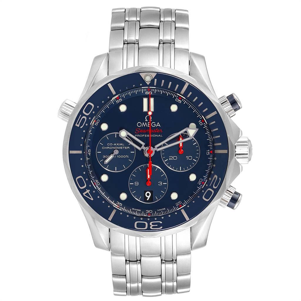 Omega Seamaster Diver 300M 44mm Watch 212.30.44.50.03.001. Automatic self-winding chronograph movement with column wheel mechanism and Co-Axial escapement. Free sprung-balance equipped with Si14 silicon balance spring. Officially certified
