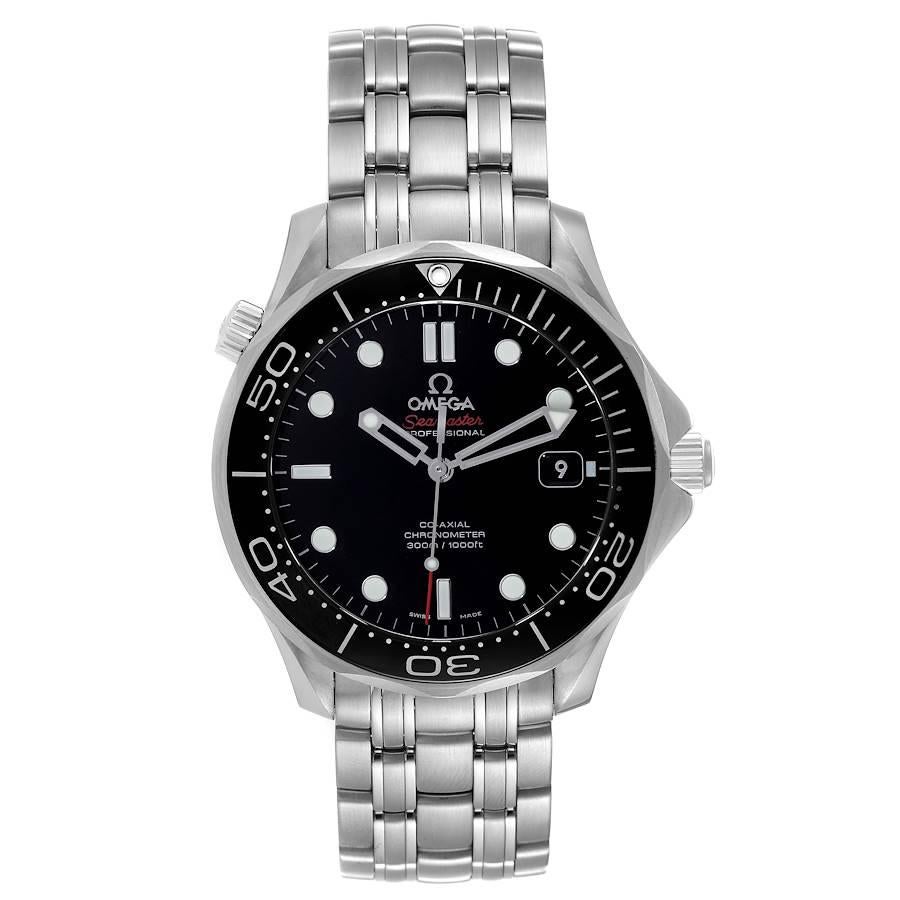 Omega Seamaster Diver 300M Black Dial Mens Watch 212.30.41.20.01.003. Automatic self-winding chronometer, Co-Axial Escapement movement. Stainless steel case 41 mm in diameter. Helium escape valve at 10 o'clock. Omega logo on the crown. Black ceramic