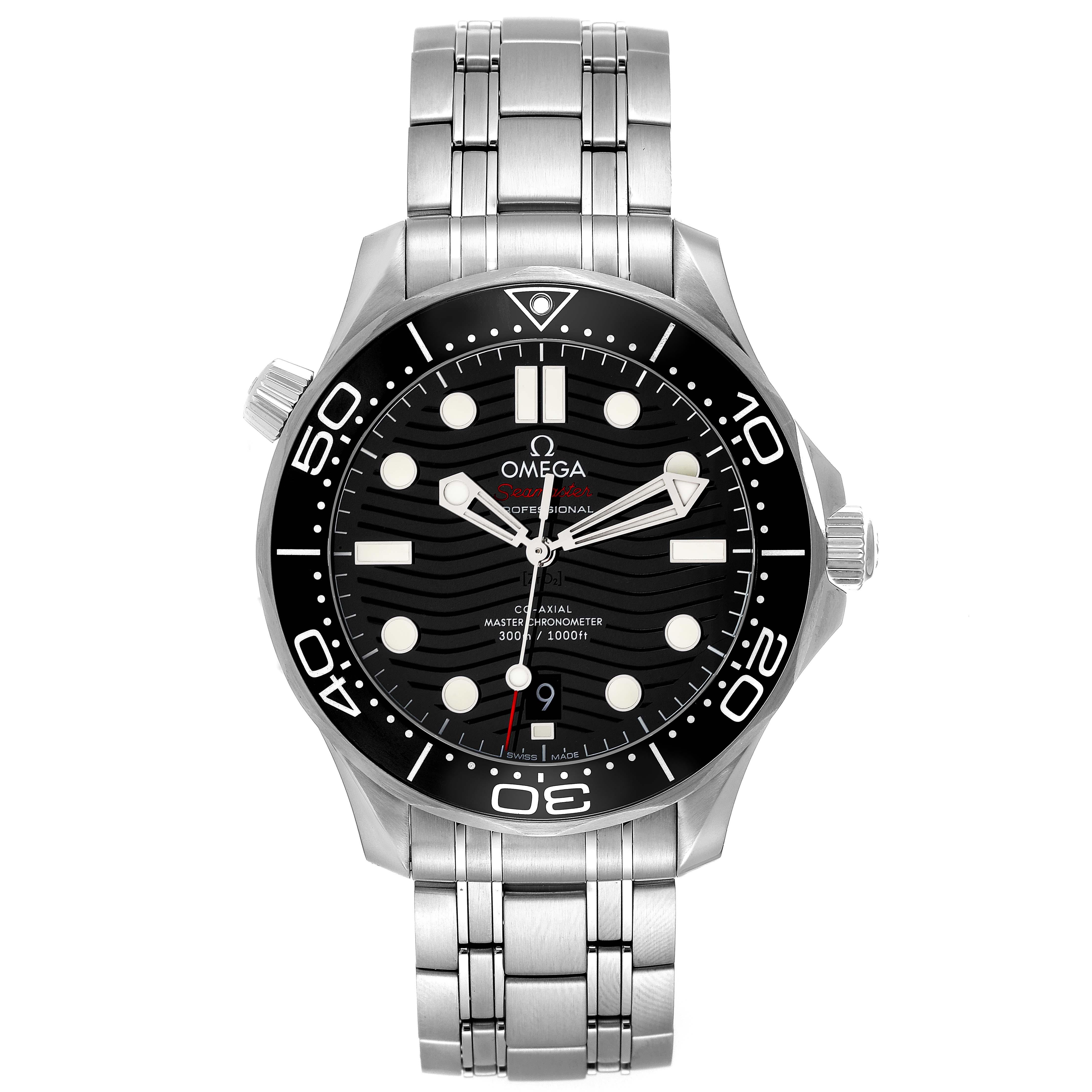 Omega Seamaster Diver 300M Black Dial Steel Mens Watch 210.30.42.20.01.001. Automatic self-winding movement with Co-Axial escapement. Certified Master Chronometer, approved by METAS, resistant to magnetic fields reaching 15,000 gauss. Free