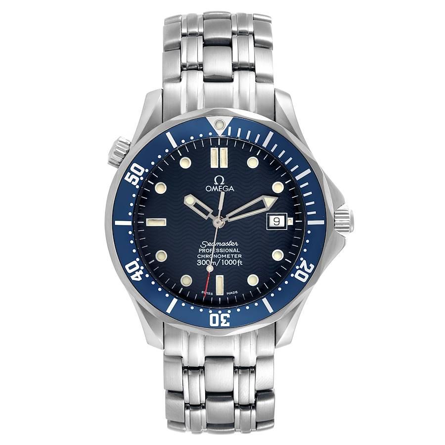 Omega Seamaster Diver 300M Blue Dial Automatic Mens Watch 2531.80.00. Automatic self-winding movement. Stainless steel case 41.0 mm in diameter. Omega logo on the crown. Helium escape valve at 10 o'clock. Blue unidirectional rotating bezel. Scratch