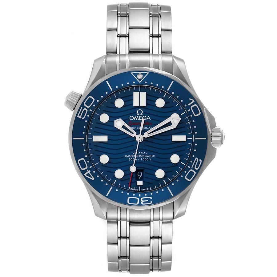 Omega Seamaster Diver 300M Blue Dial Herrenuhr 210.30.42.20.03.001 Box Card. Automatischer Chronometer mit Co-Axial Hemmung und rhodinierter Oberfläche. Gehäuse aus Edelstahl mit einem Durchmesser von 42.0 mm. Heliumauslassventil auf 10 Uhr.