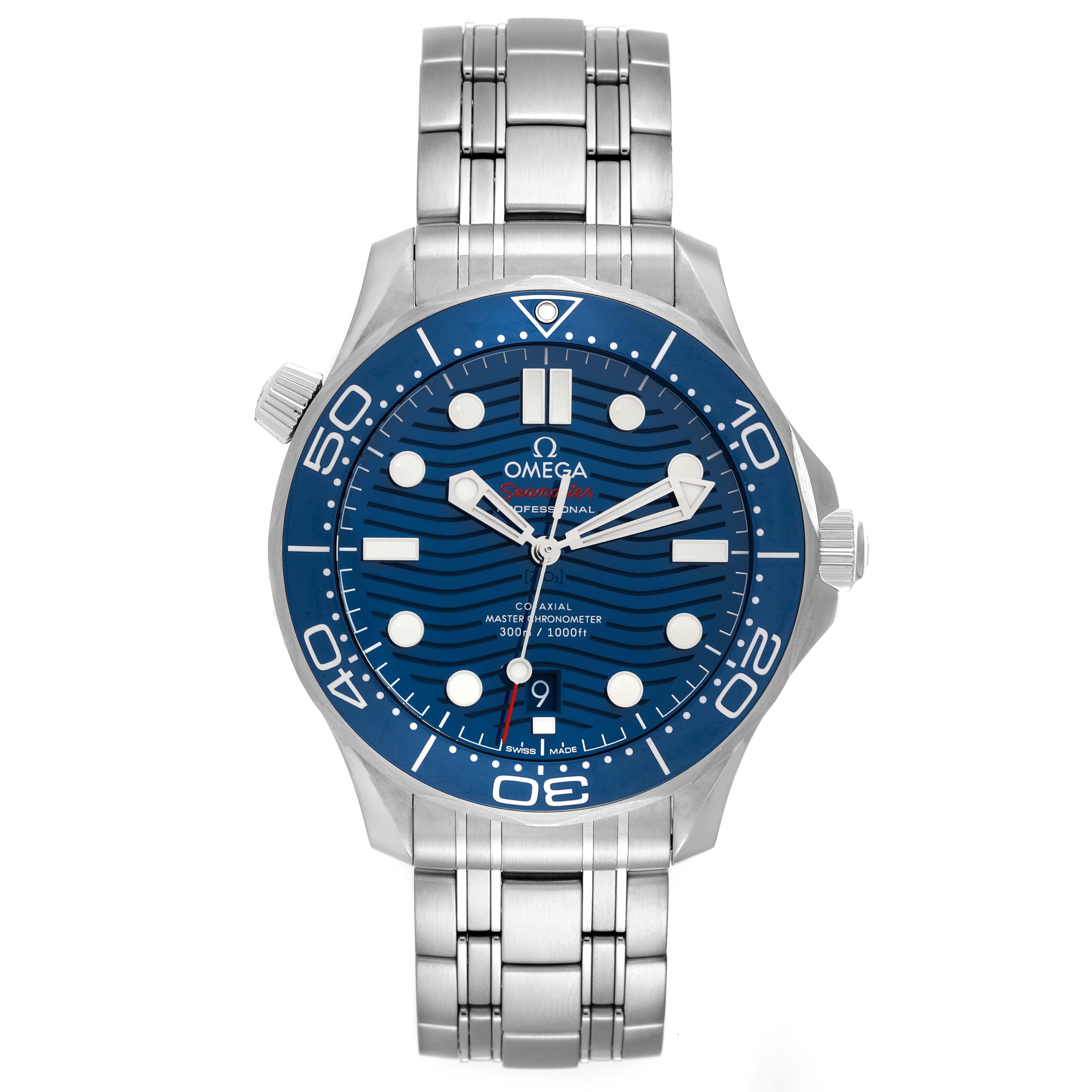 Omega Seamaster Diver 300M Blue Dial Steel Mens Watch 210.30.42.20.03.001. Automatic self-winding chronometer, Co-Axial Escapement movement with rhodium-plated finish. Stainless steel case 42.0 mm in diameter. Helium escape valve at 10 o'clock.