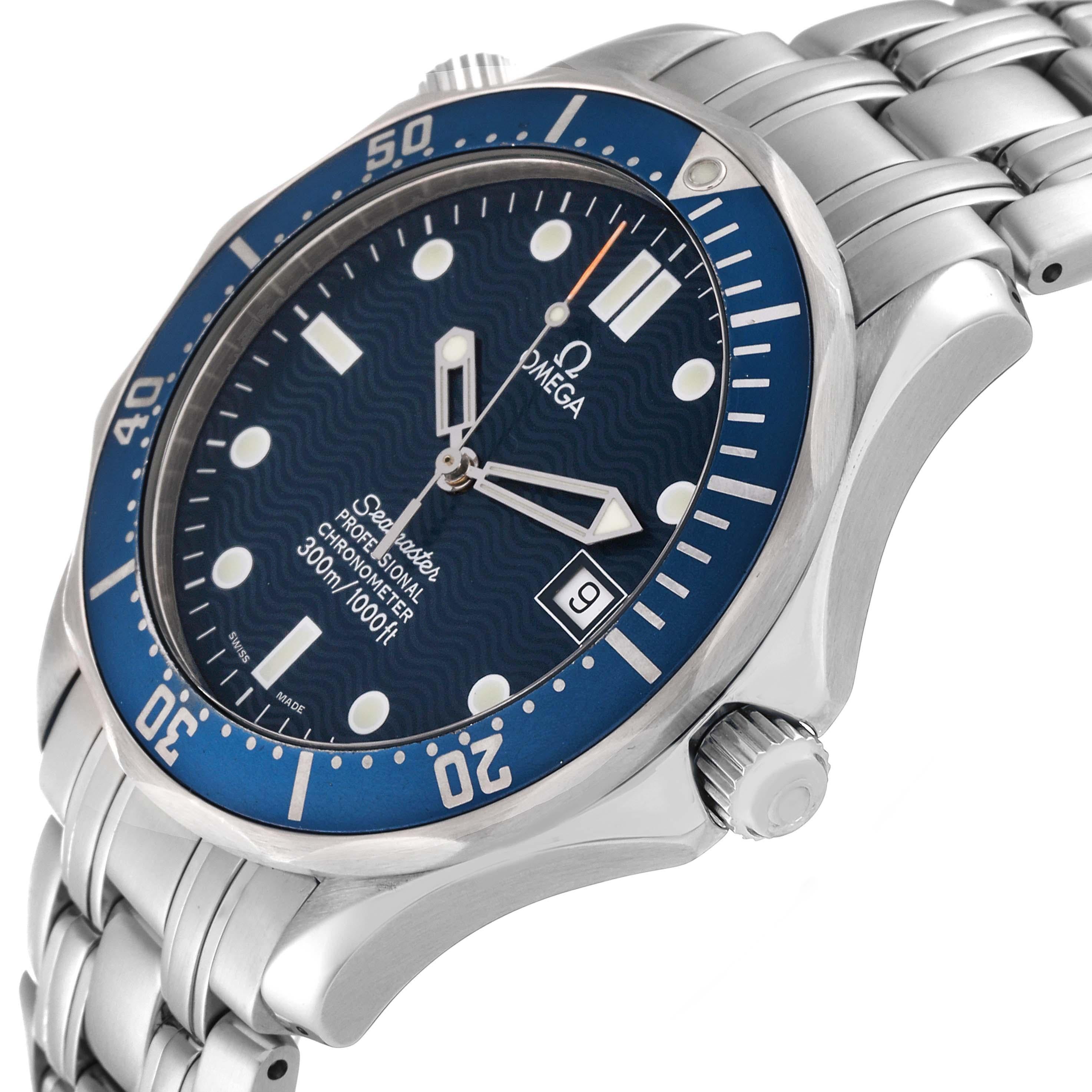 Omega Seamaster Diver 300M Blue Dial Steel Mens Watch 2531.80.00 Card. Automatic self-winding movement. Stainless steel case 41.0 mm in diameter. Omega logo on the crown. Helium escape valve at 10 o'clock. Blue unidirectional rotating bezel. Scratch