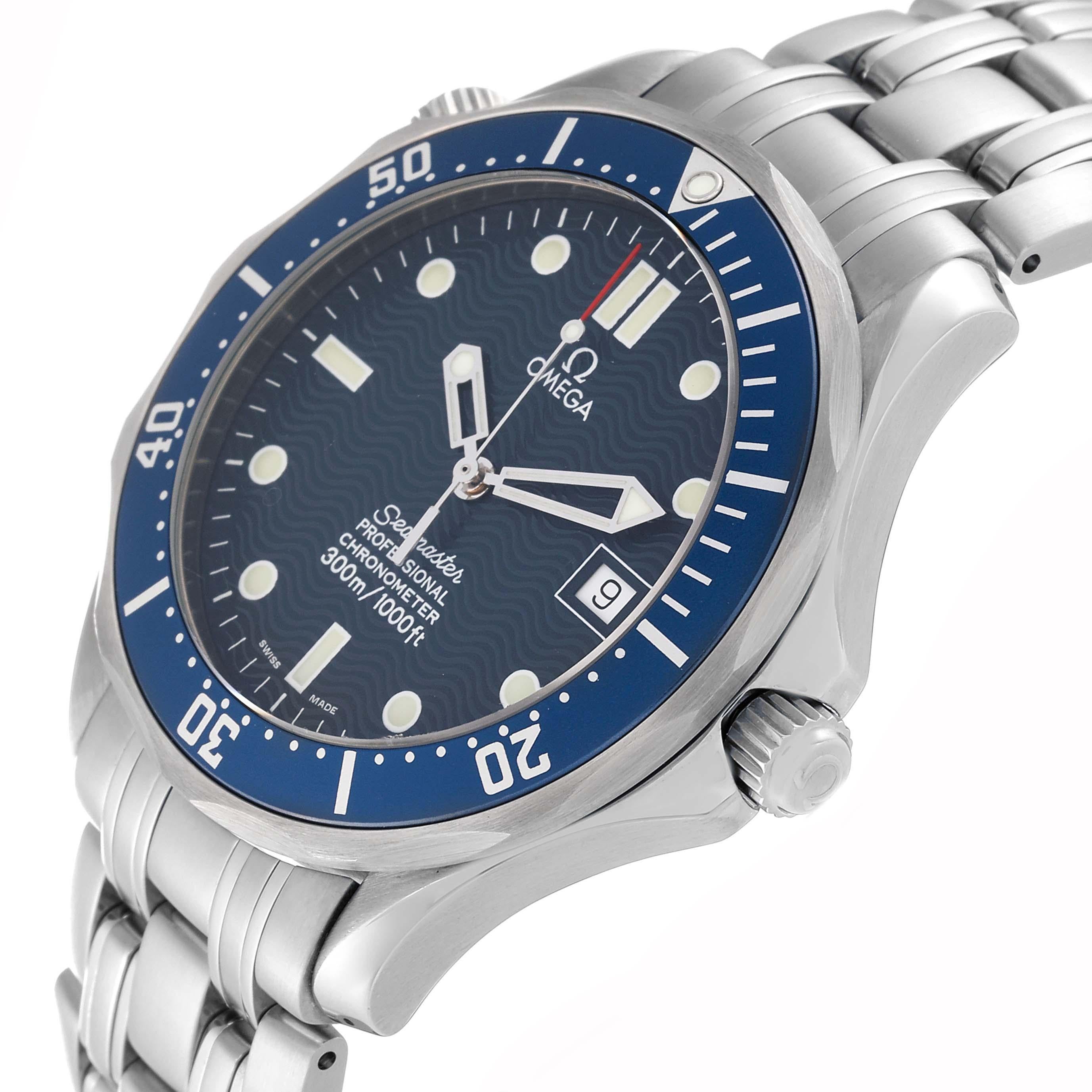 Omega Seamaster Diver 300M Blue Dial Steel Mens Watch 2531.80.00. Automatic self-winding movement. Stainless steel case 41.0 mm in diameter. Omega logo on the crown. Helium escape valve at 10 o'clock. Blue unidirectional rotating bezel. Scratch