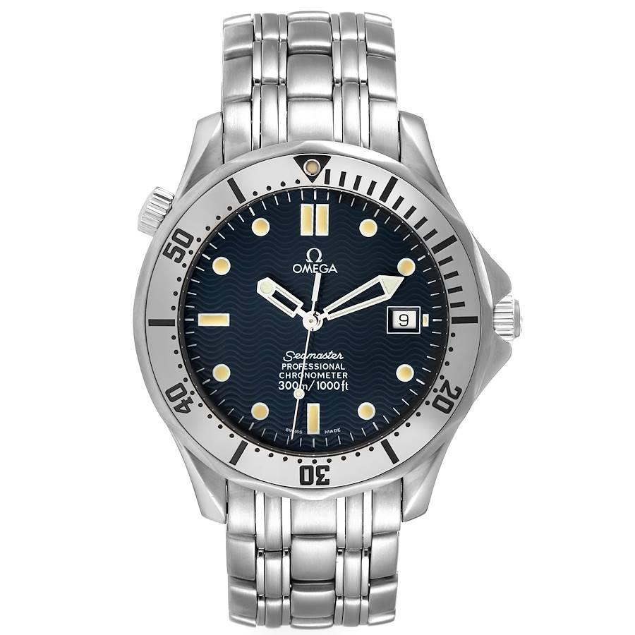 Omega Seamaster Diver 300M Blue Wave Decor Dial Steel Mens Watch 2532.80.00. Automatic self-winding movement. Stainless steel case 41.0 mm in diameter. Helium escape valve at 10 o'clock. Omega logo on the crown. Unidirectional rotating polished