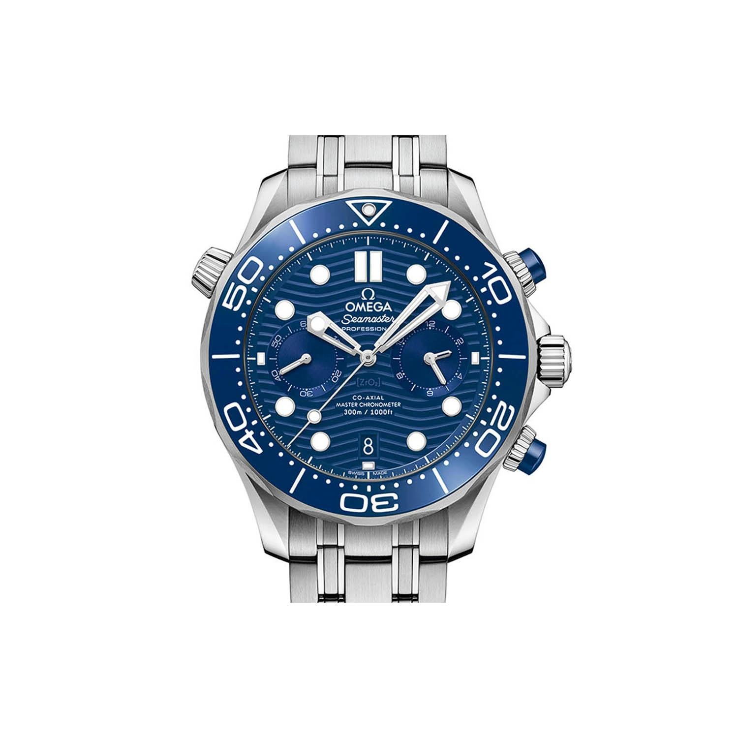 This brand new Omega Seamaster  210.30.44.51.03.001 is a beautiful men's timepiece that is powered by mechanical (automatic) movement which is cased in a stainless steel case. It has a round shape face, chronograph, date indicator, small seconds
