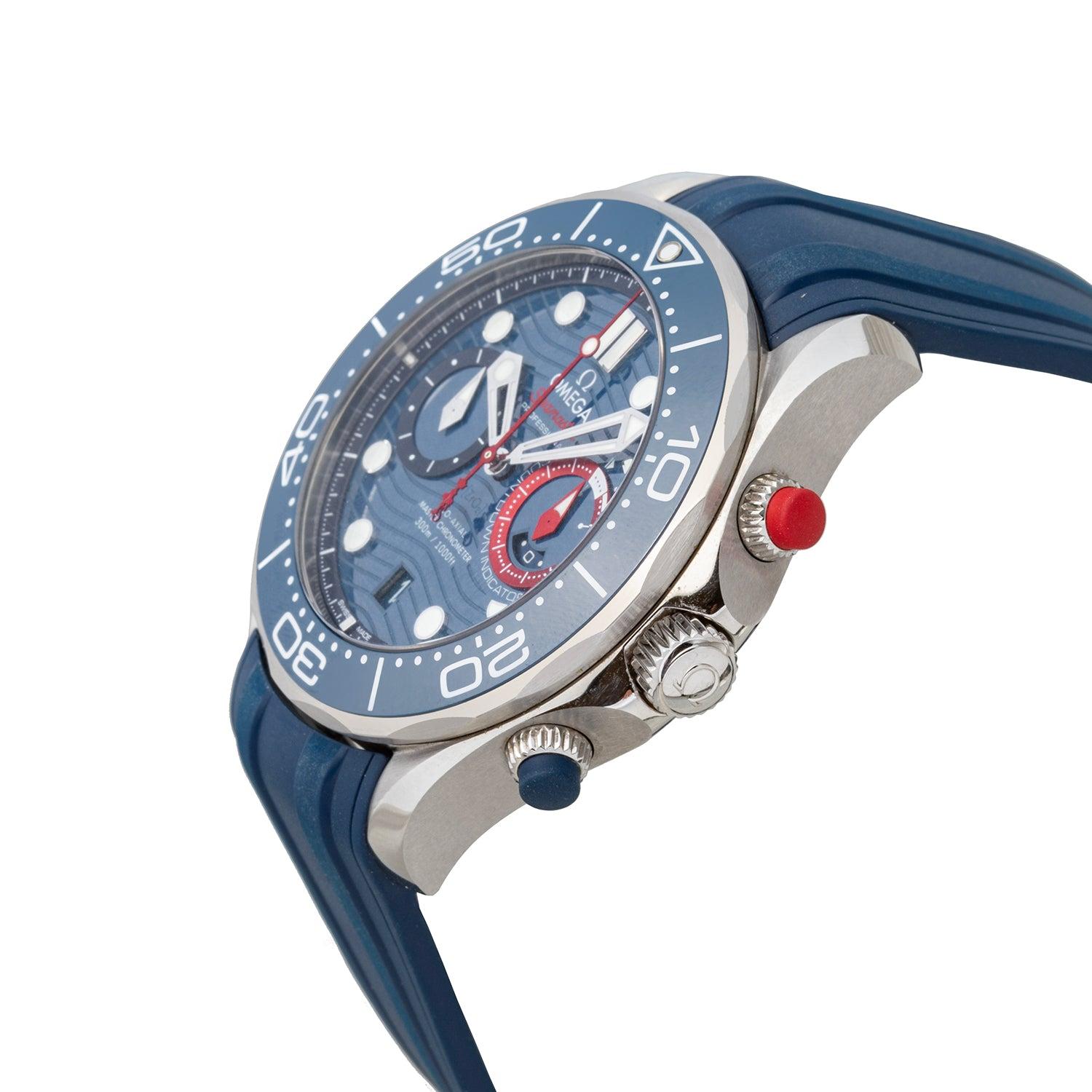 Pre-owned Omega Seamaster Diver 300M Chronograph AMERICA'S CUP 2021 (ref. 210.30.44.51.03.002), featuring the self-winding caliber 9900 co-axial movement; blue ceramic dial with laser-engraved waves; date window at 6 o'clock; regatta countdown