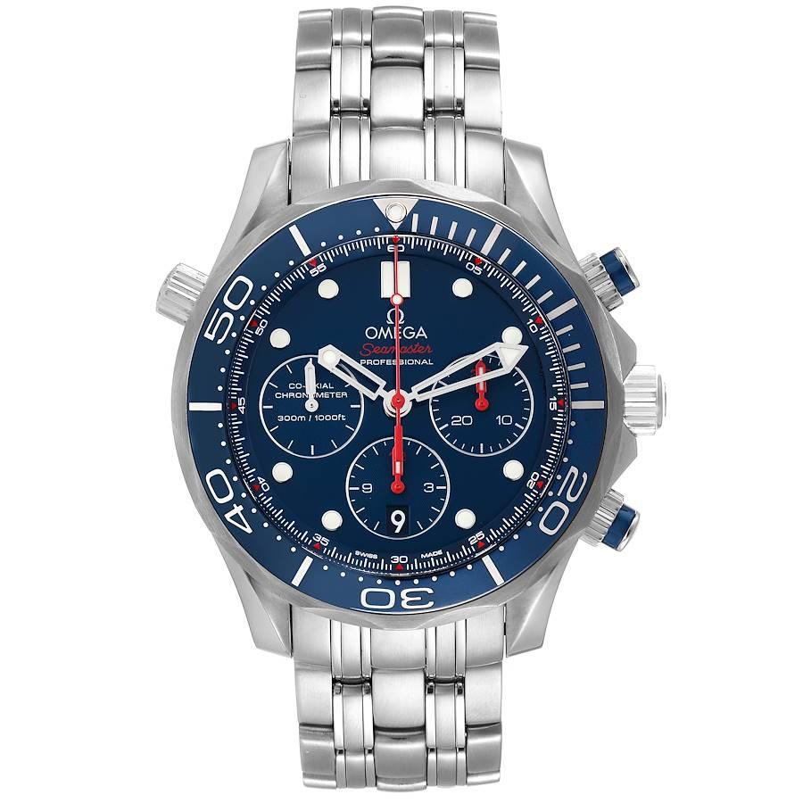 Omega Seamaster Diver 300M Chronograph Steel Mens Watch 212.30.44.50.03.001. Automatic self-winding chronograph movement with column wheel mechanism and Co-Axial escapement. Free sprung-balance equipped with Si14 silicon balance spring. Officially