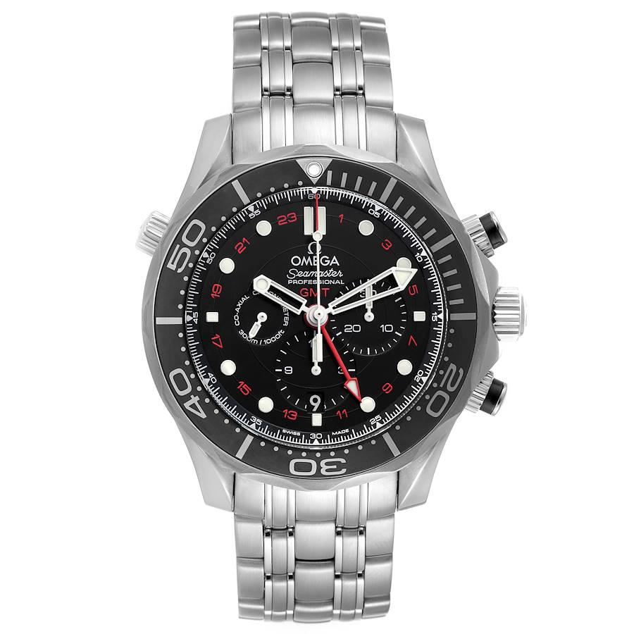 Omega Seamaster Diver 300M Co-Axial GMT Orologio 212.30.44.52.01.001. Movimento cronografo automatico a carica automatica con meccanismo a ruota a colonne, bilanciere a molla libera e scappamento Co-Axial. Cassa rotonda in acciaio inossidabile di
